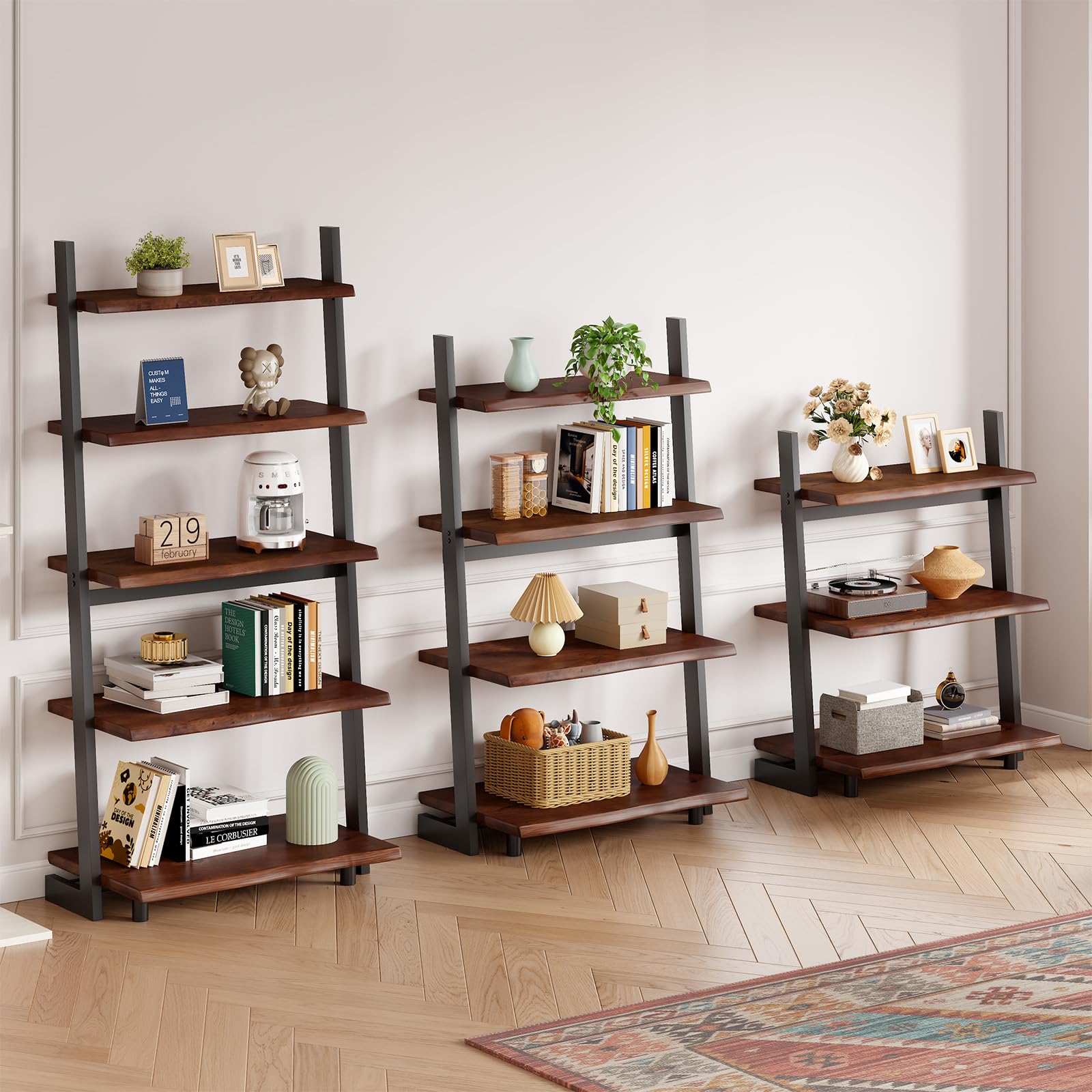 Solid Wood Ladder Bookshelf with Live Edge