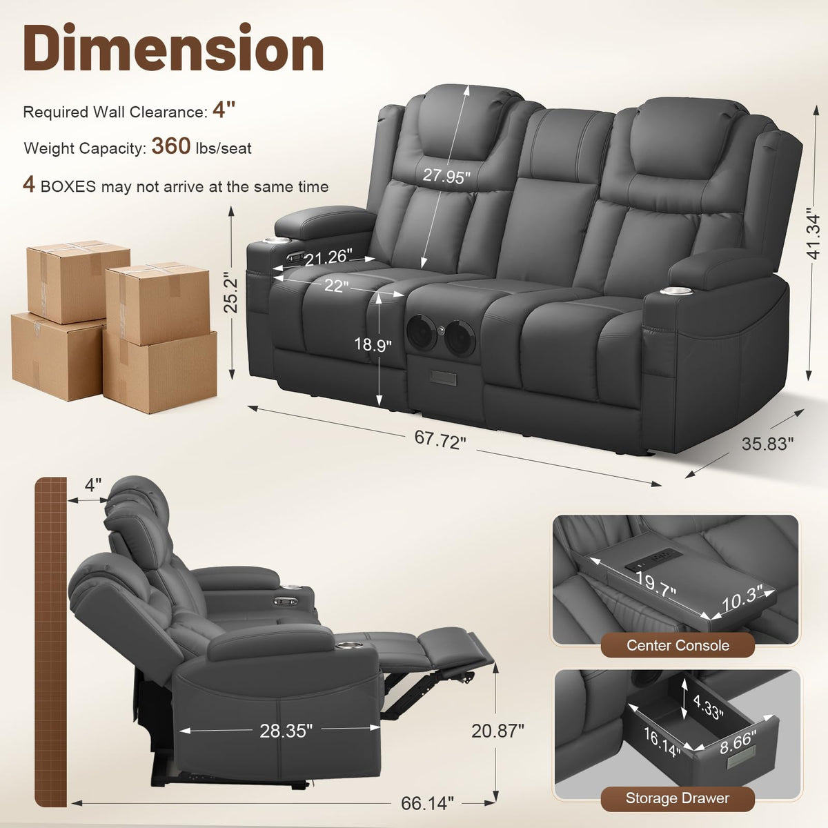 DG PEAFOWL Power Loveseat Recliner Sofa with Console, Wall Hugger Reclining Loveseat with Reading Light, Home Theater Seating with LED Lights, Zero Gravity Recliner Couch for RV Couch and Living Room