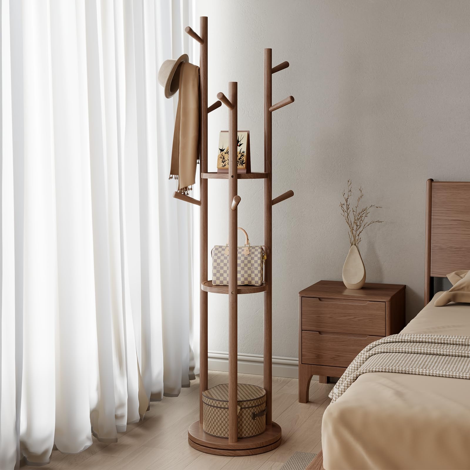 Rotating Freestanding Coat Rack with 3 Shelves & 9 Hooks