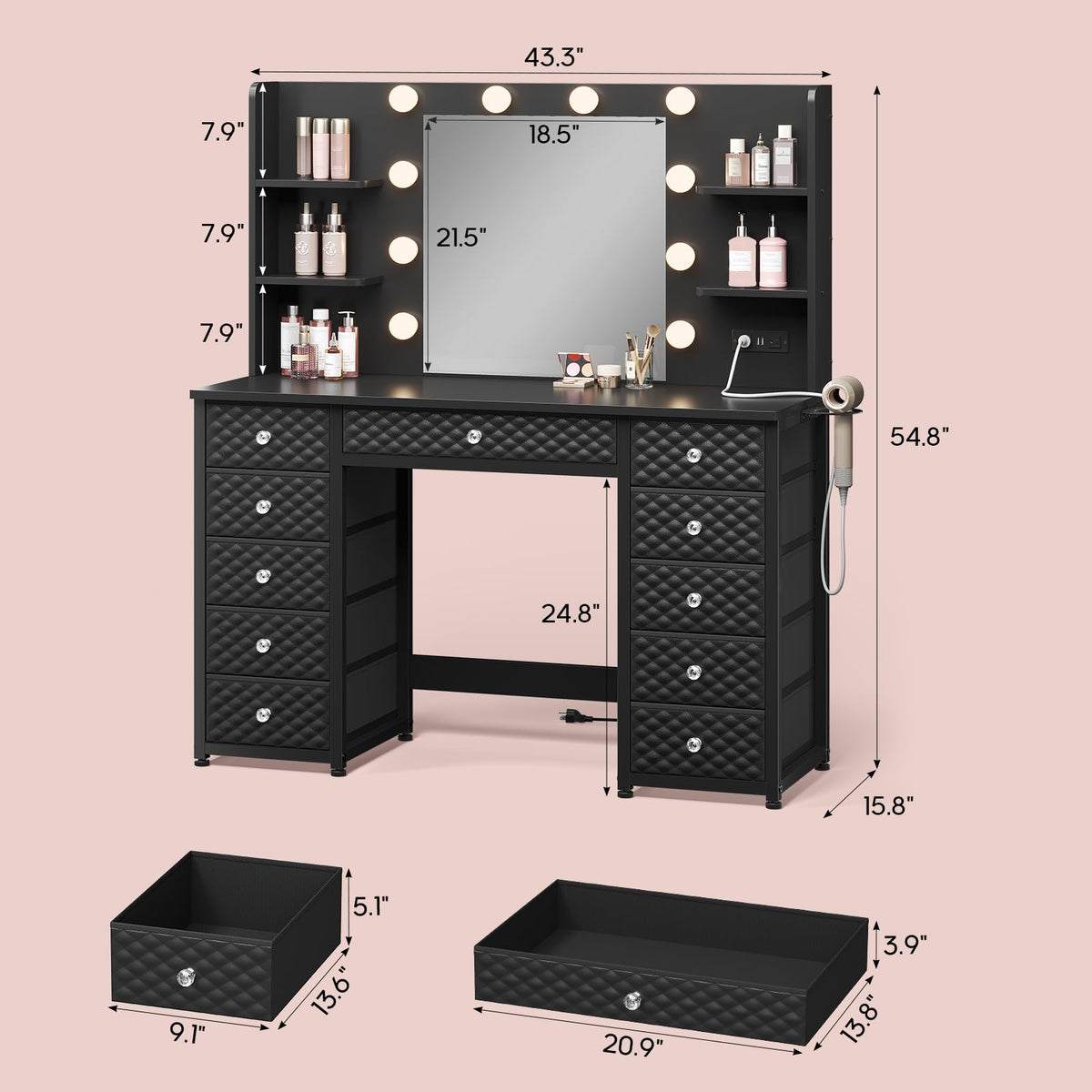 Black Vanity Desk with Mirror and Lights, 11 Drawers, 43.3", Power Strip