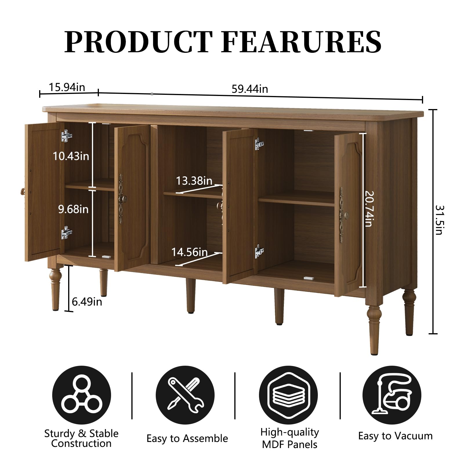 59" Vintage Buffet Sideboard Cabinet with 4 Doors
