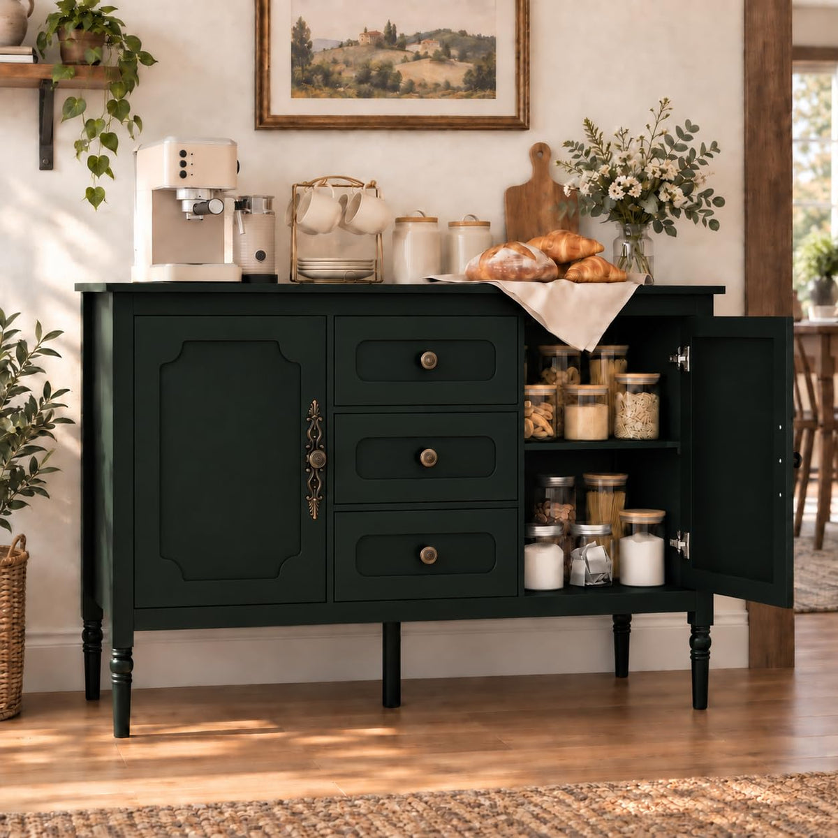 SILKYDRY Buffet Cabinet, 47" Vintage Sideboard w/Adjustable Shelves(Green)