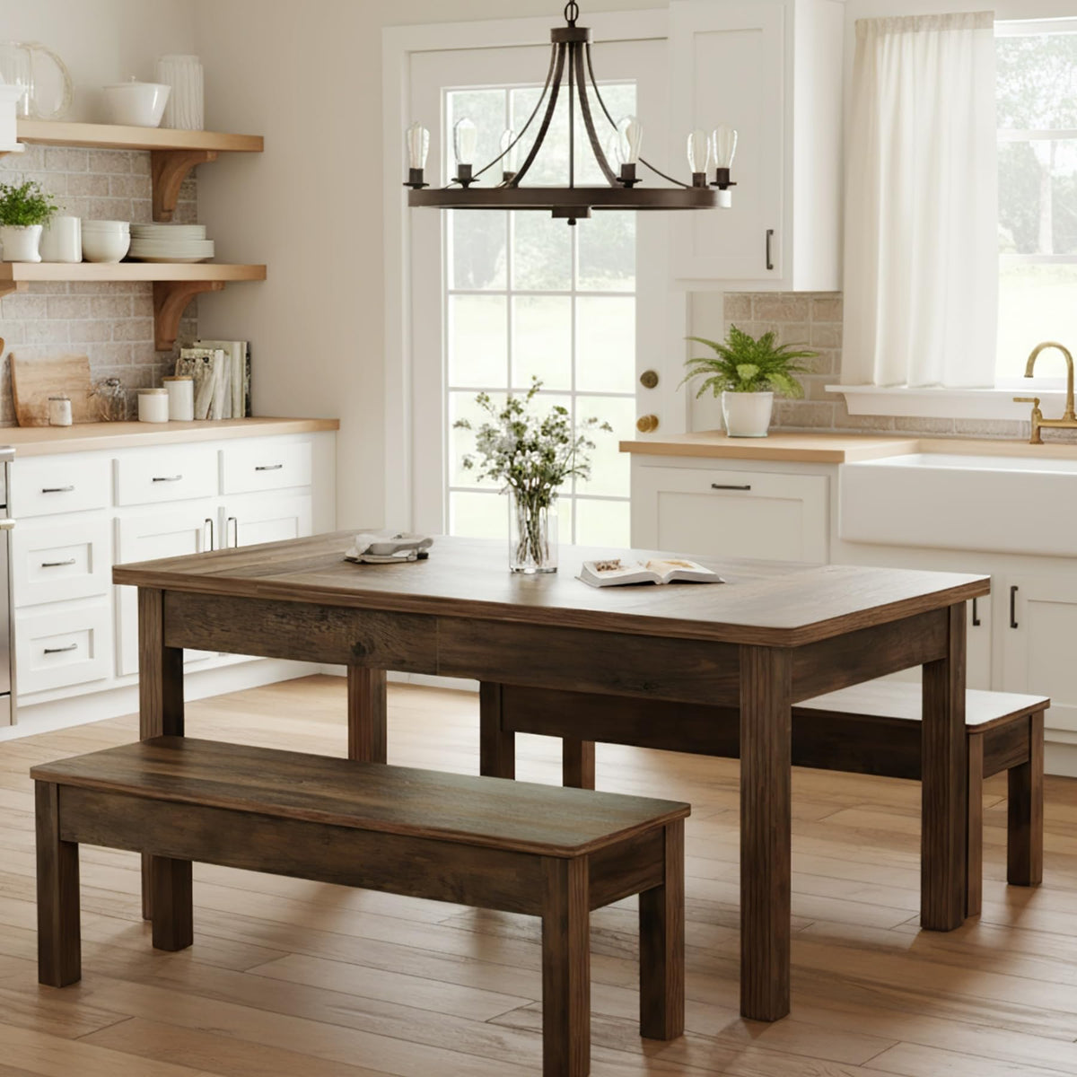 Tribesigns 55" Farmhouse Kitchen Table with 2 Dining Benches, Space Saving Dining Table Set for 4-6, 3 Pieces Wooden Dinette Set for Small Space, Restaurant, Breakfast Nook