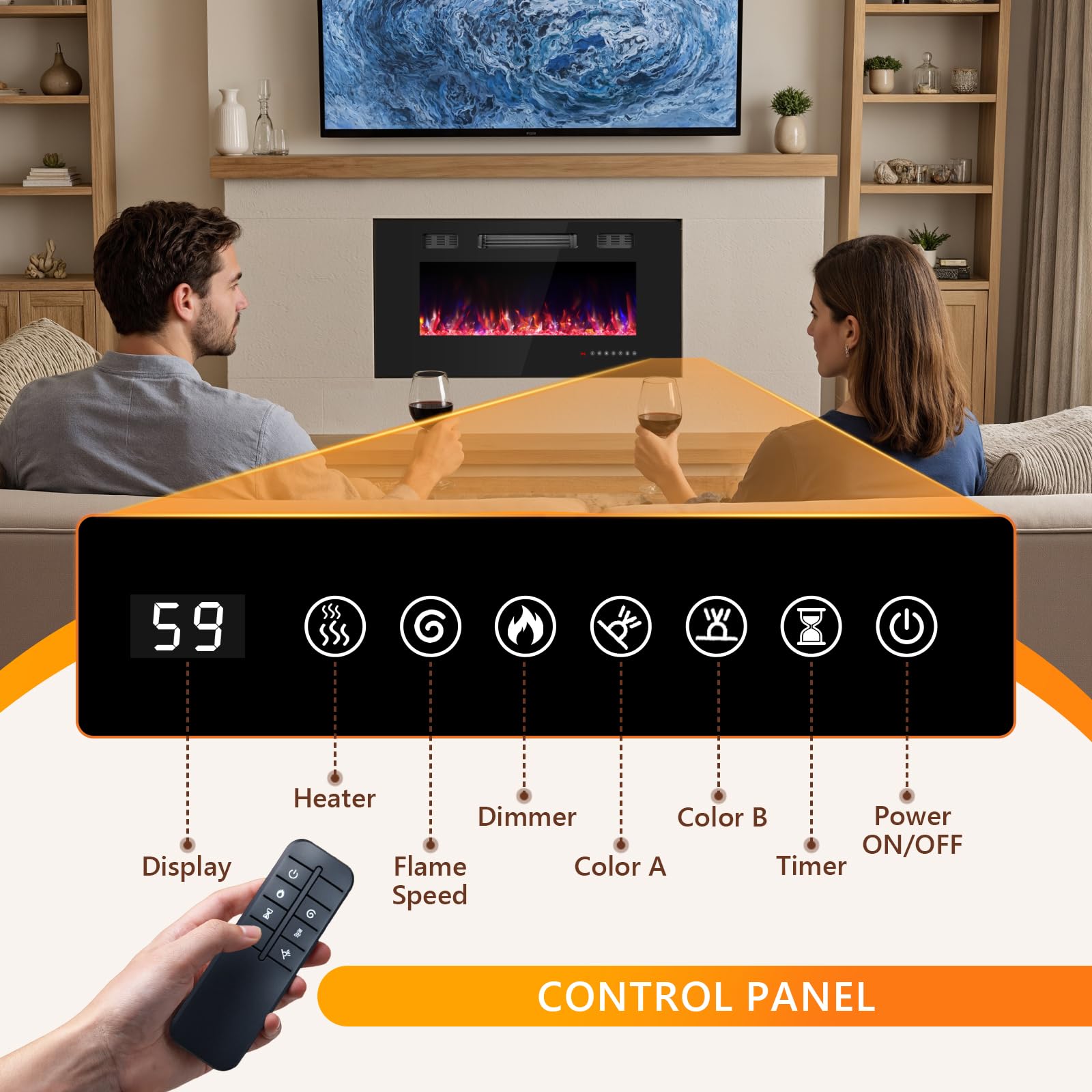 Ariiles 36 Inch Electric Fireplace Insert, Electric Fireplace Wall Mounted with Remote & Timer, Low Noise Heater Fireplaces for Living Room, Modern Recessed Fireplaces Decor