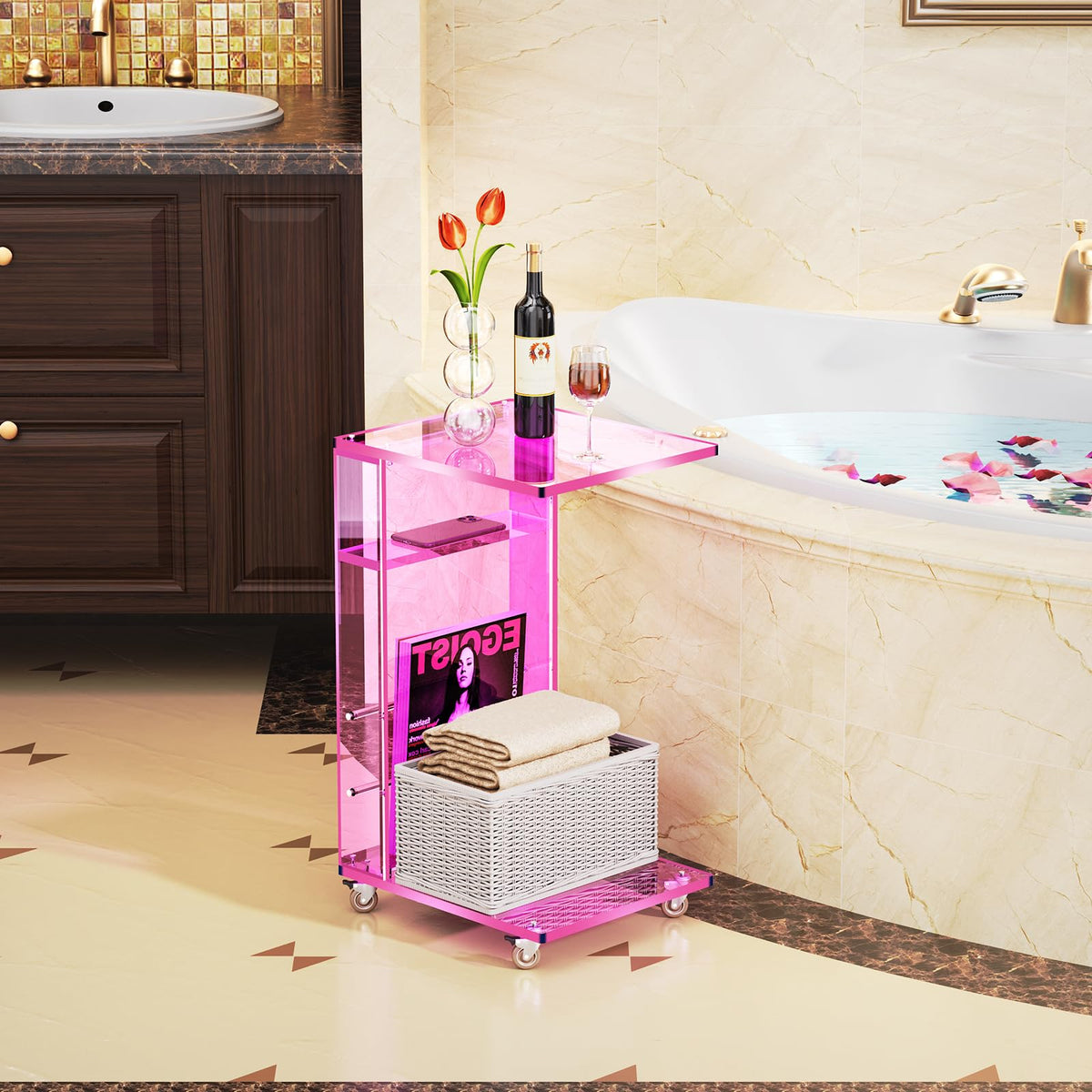 Clear Acrylic Side Table on Lockable Wheels, C Shaped End Table for Sofa, Small Coffee Tables for Small Spaces (Pink)