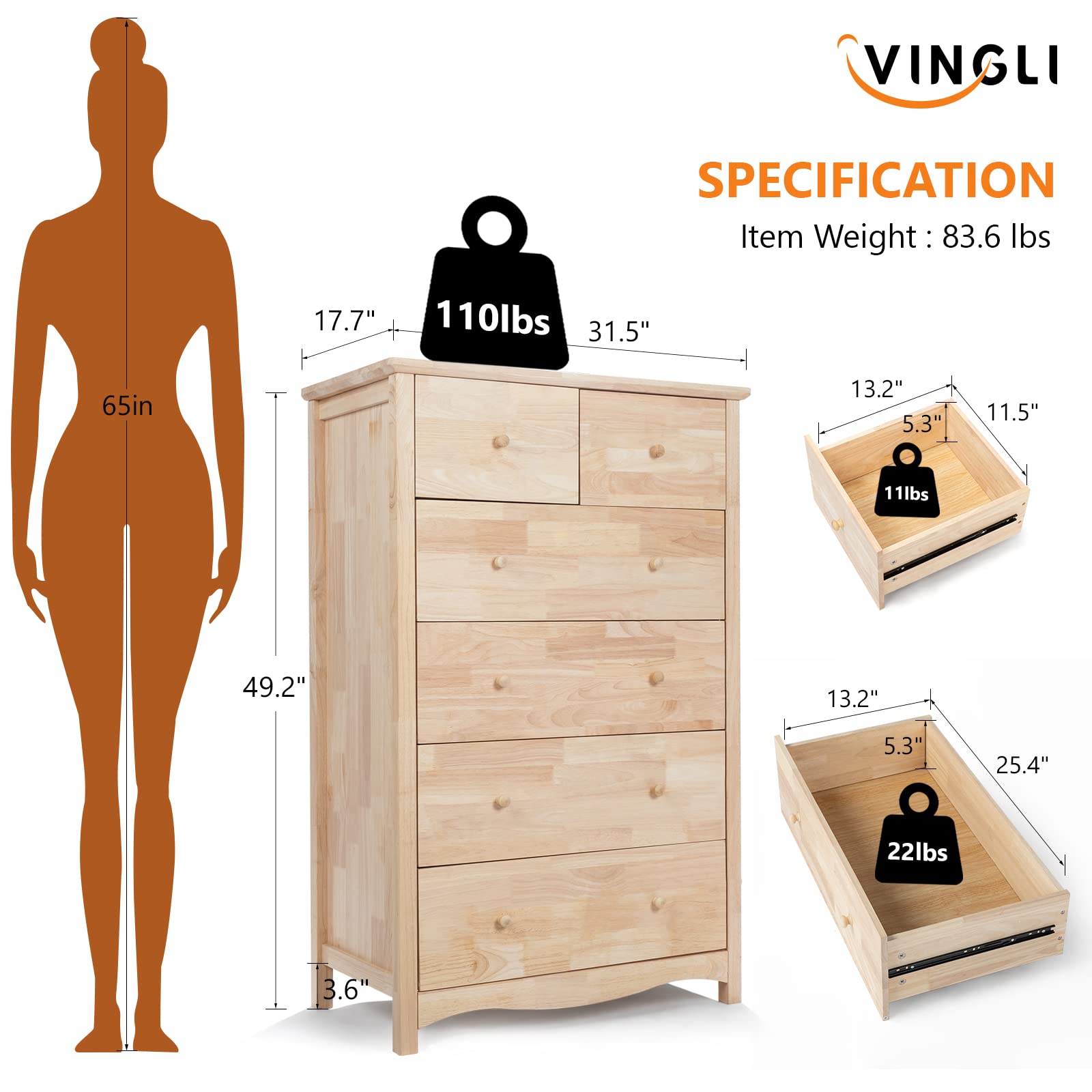 Unfinished Solid Wood Dresser with Full-Extension Drawers
