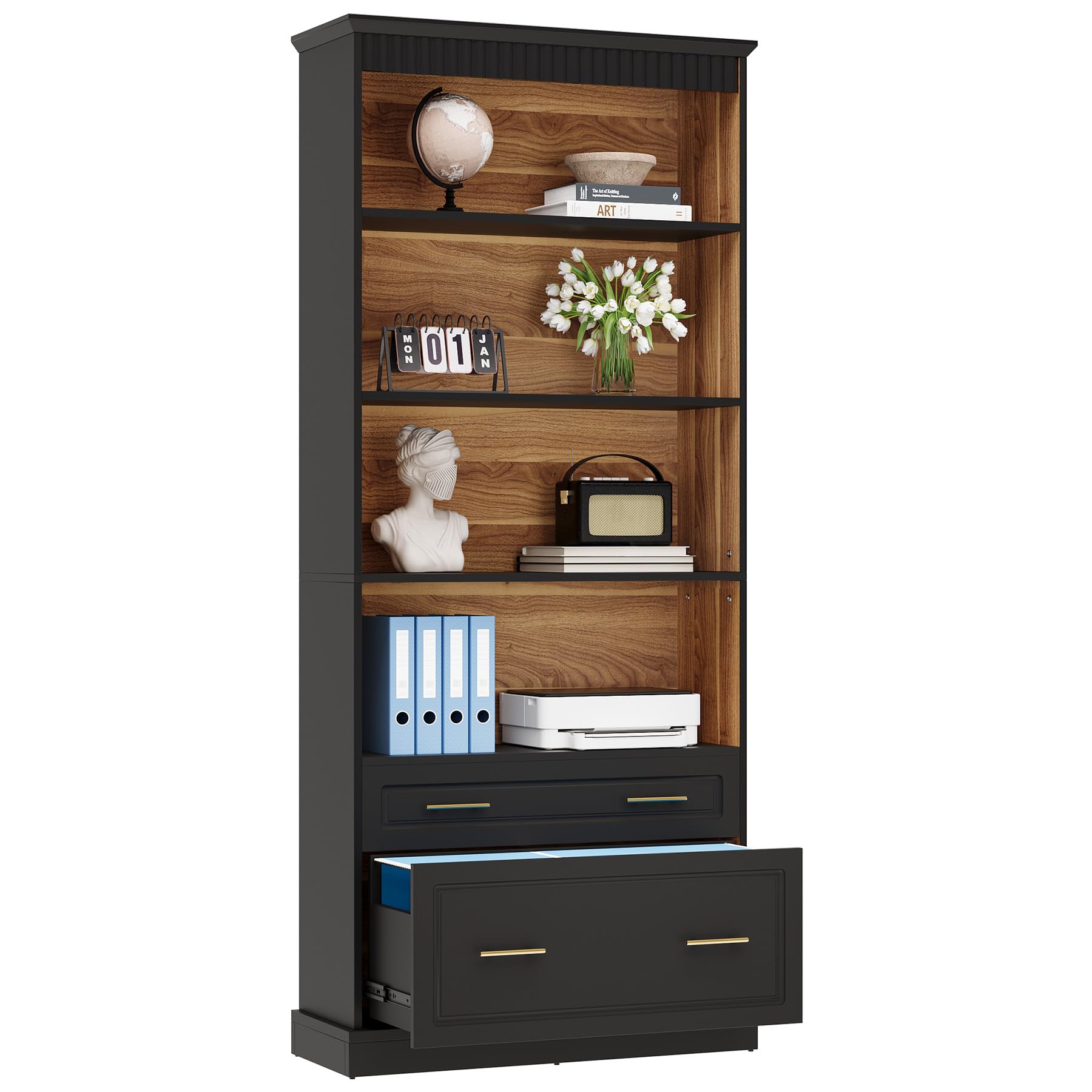2-Drawer File Cabinet with 5-Tier Bookshelf & Printer Stand