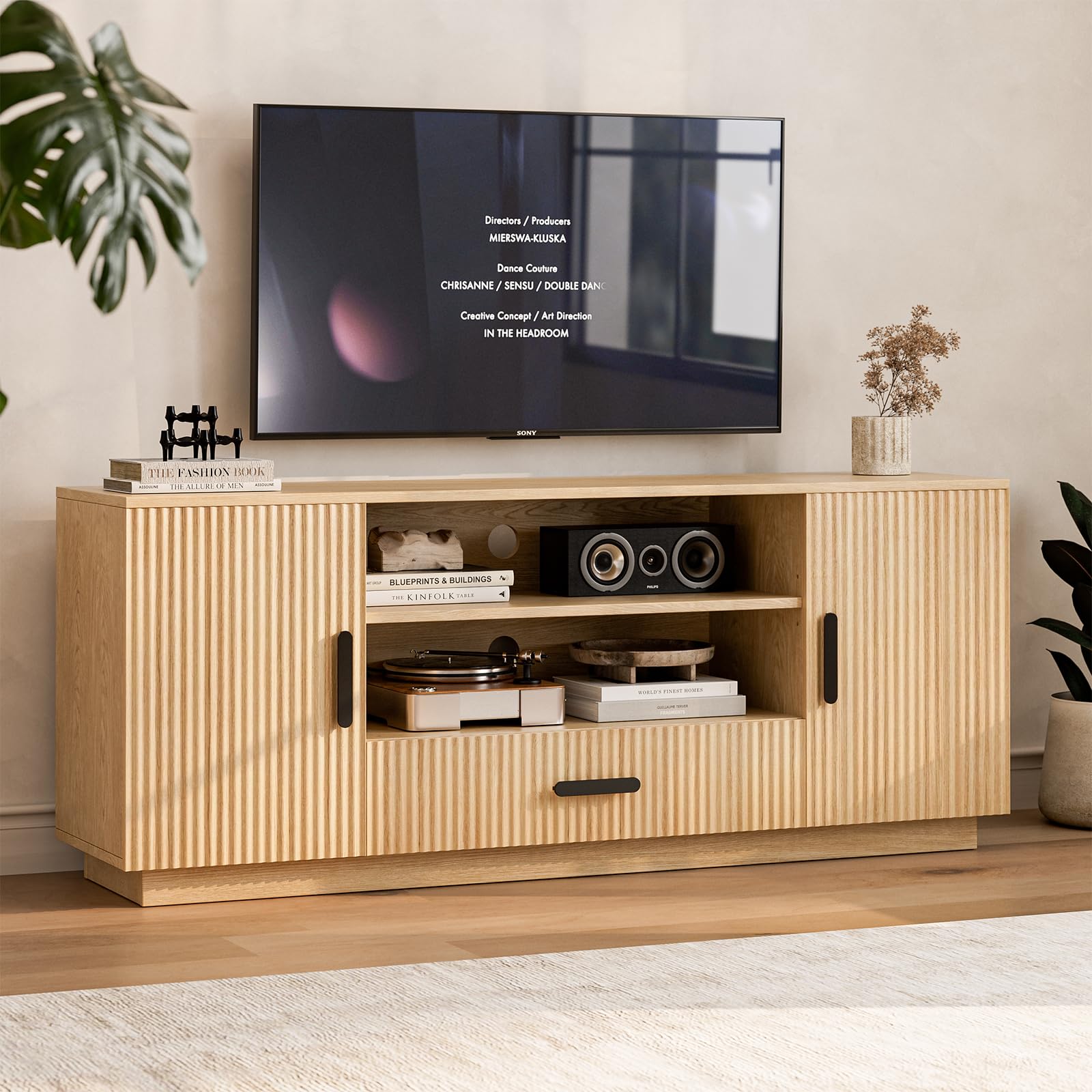 Fluted TV Stand with Storage Cabinets & Drawer, Fits TVs Up to 70"