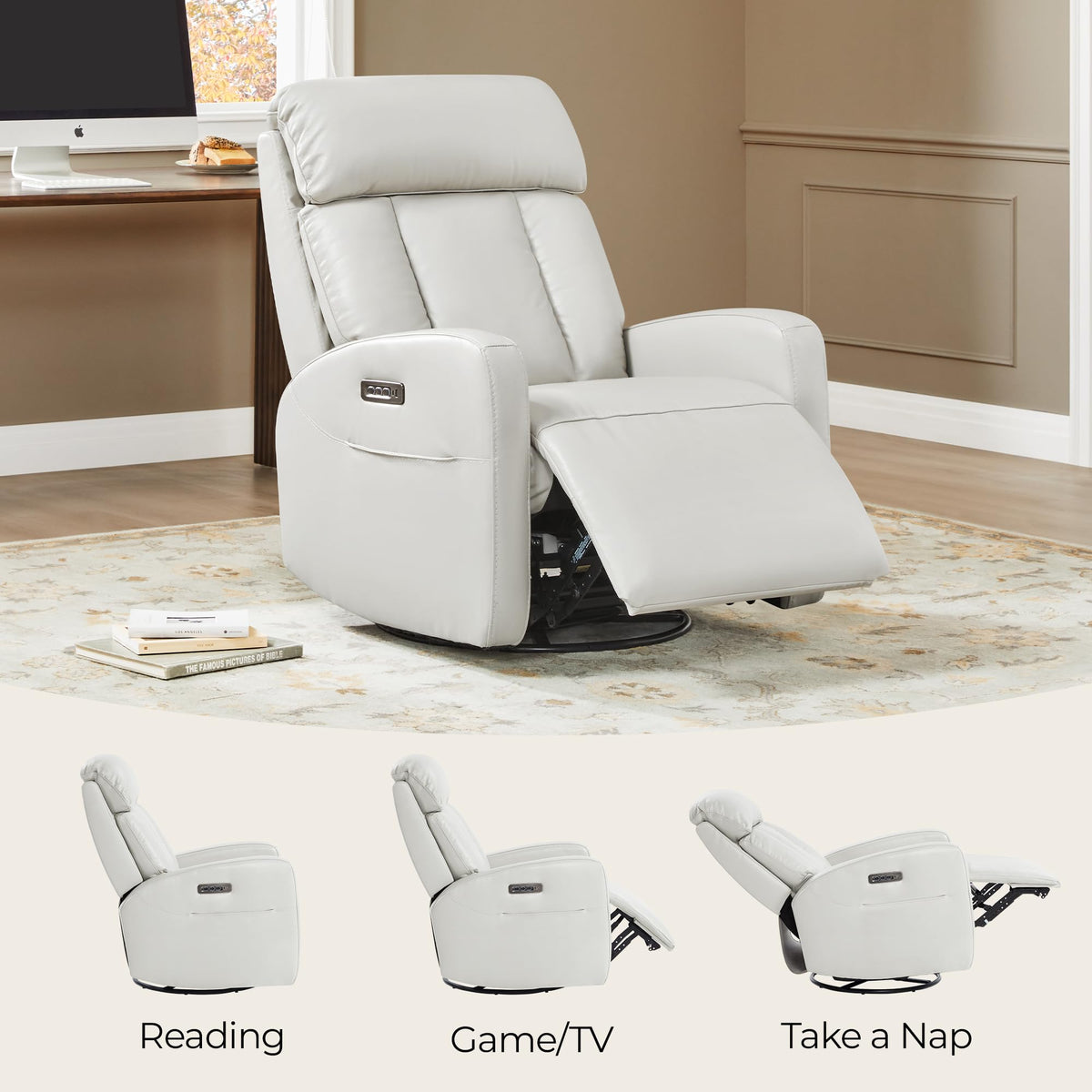 CHITA Genuine Leather Power Recliner Chair, Swivel Rocker, Creamy Grey