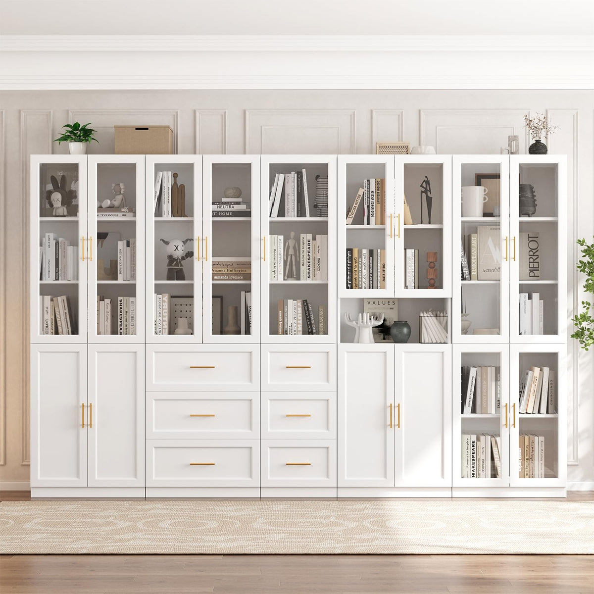 White Glass Door Bookcase with Drawers