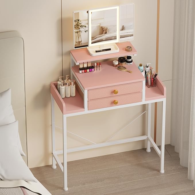 Compact LED Vanity Desk with Mirror, Drawers & Adjustable Stand