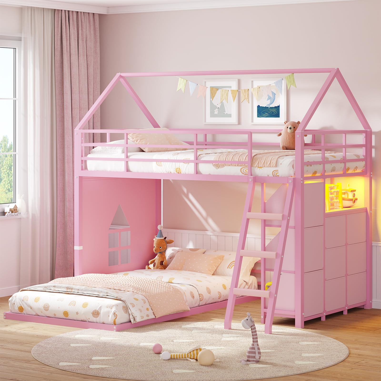 Twin Over Twin House Bunk Bed with LED Lights & Storage