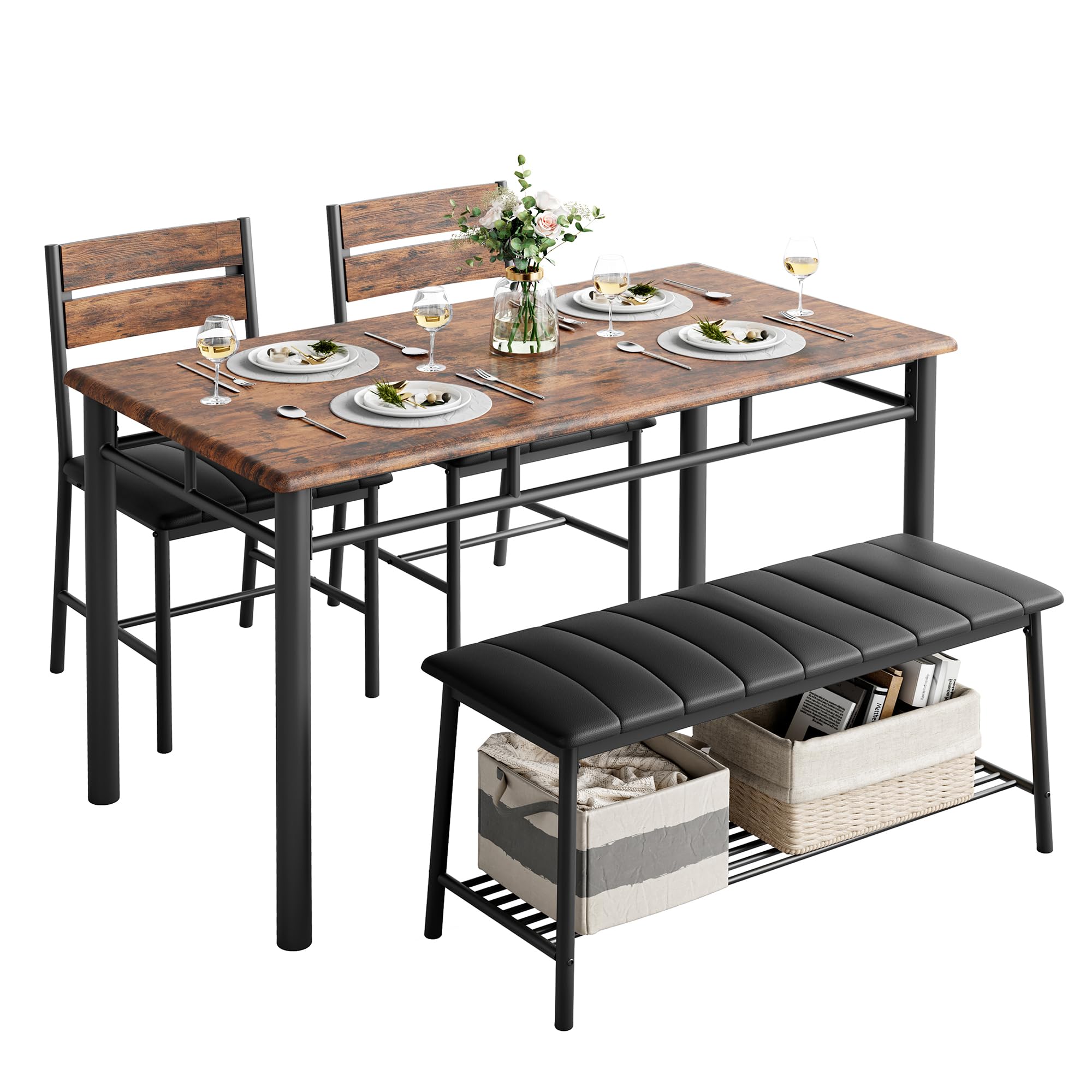 IRONCK Dining Table Set for 4, Kitchen Table with Upholstered Bench and 2 Chairs, Kitchen Table and Chairs Set for Small Space, Apartment, Rustic Brown