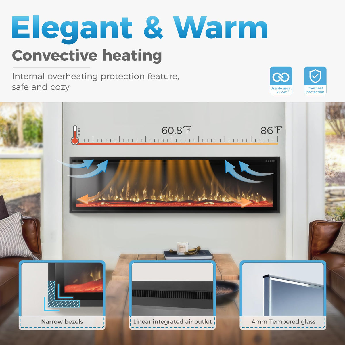 72" Electric Fireplace Inserts/Wall Mounted Ultra-Narrow Bezel Fireplace