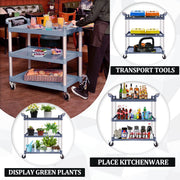 BRLJUNEO Plastic Utility Carts with Wheels, 3-Tier Large Size Restaurant Food Cart, Heavy Duty 600lbs Capacity Rolling Service Cart w/Hammer for Commercial, Kitchen, Office (Lockable Wheels, L-Grey)