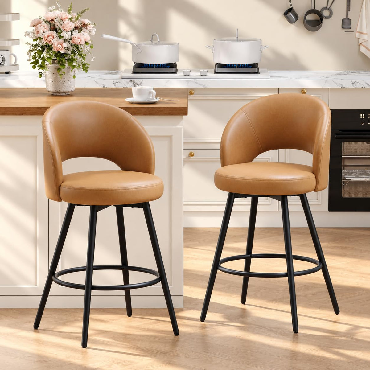 Swivel Bar Stools Set of 2, Counter Height Bar Stools with Metal Legs