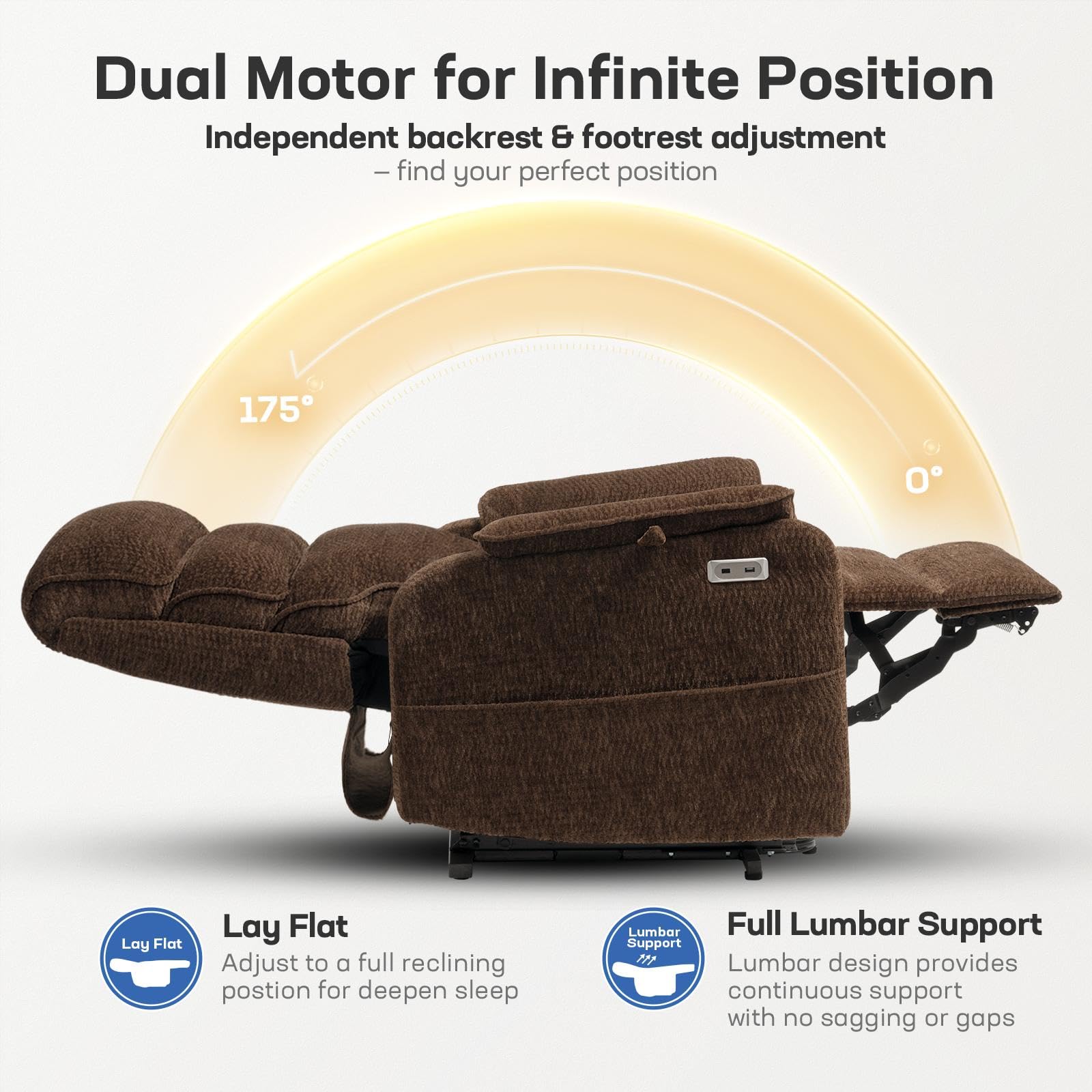 Tami Tami Dual Motor Lay Flat Power Lift Chair Recliner for Elderly with Massage and Heat, Electric Lift Recliner with Infinite Position, USB A&C (T6011 - Chenille, Brown)