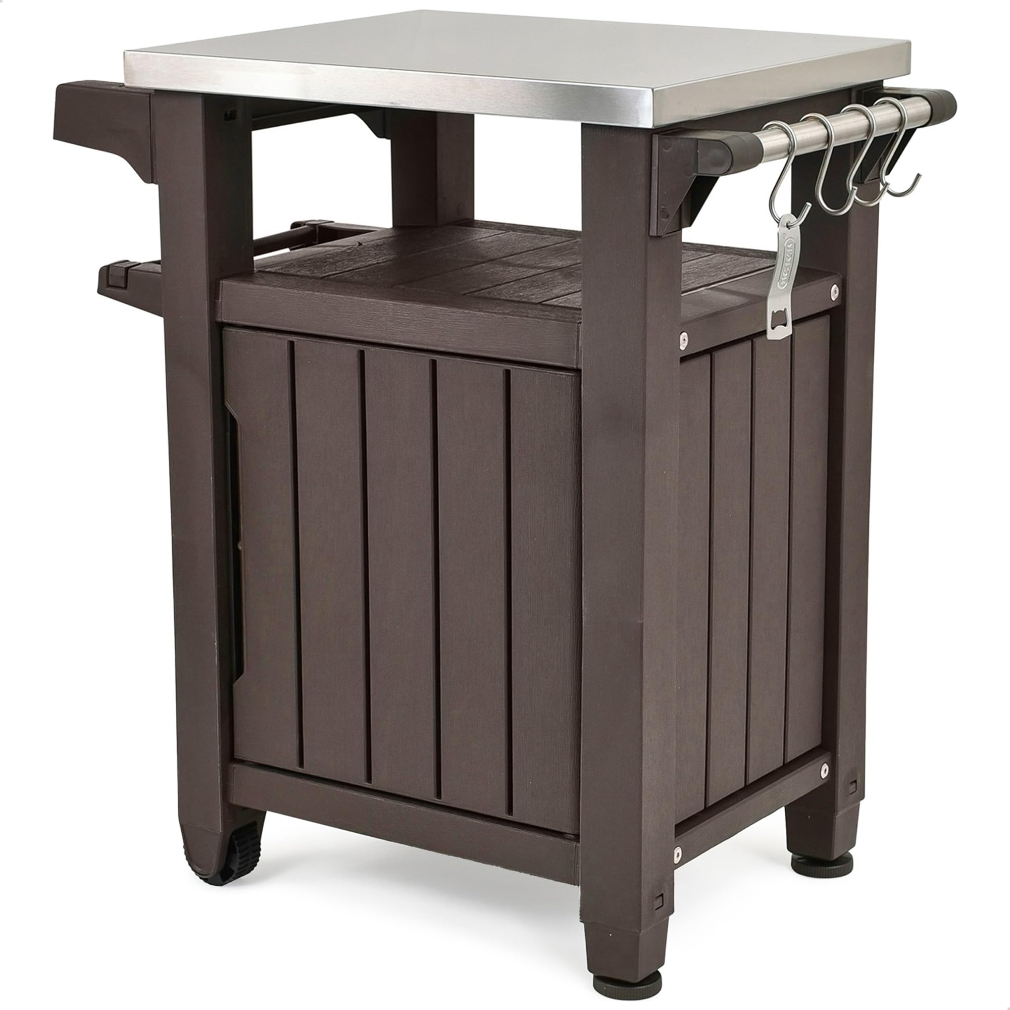 Keter Outdoor Grill Prep Table & Serving Cart, Stainless Steel Top, Unity, 40 Gal, Brown - Portable Bar Table and Cooking Accessory for Pool, Patio, Lawn, and Backyard