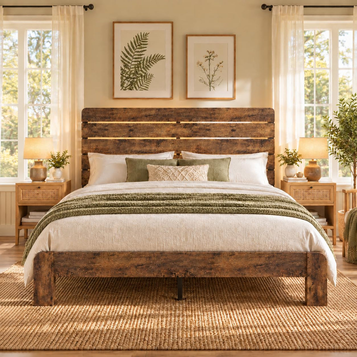 madeslves King Size Wooden Bed Frame with Headboard, Wood Slat Support