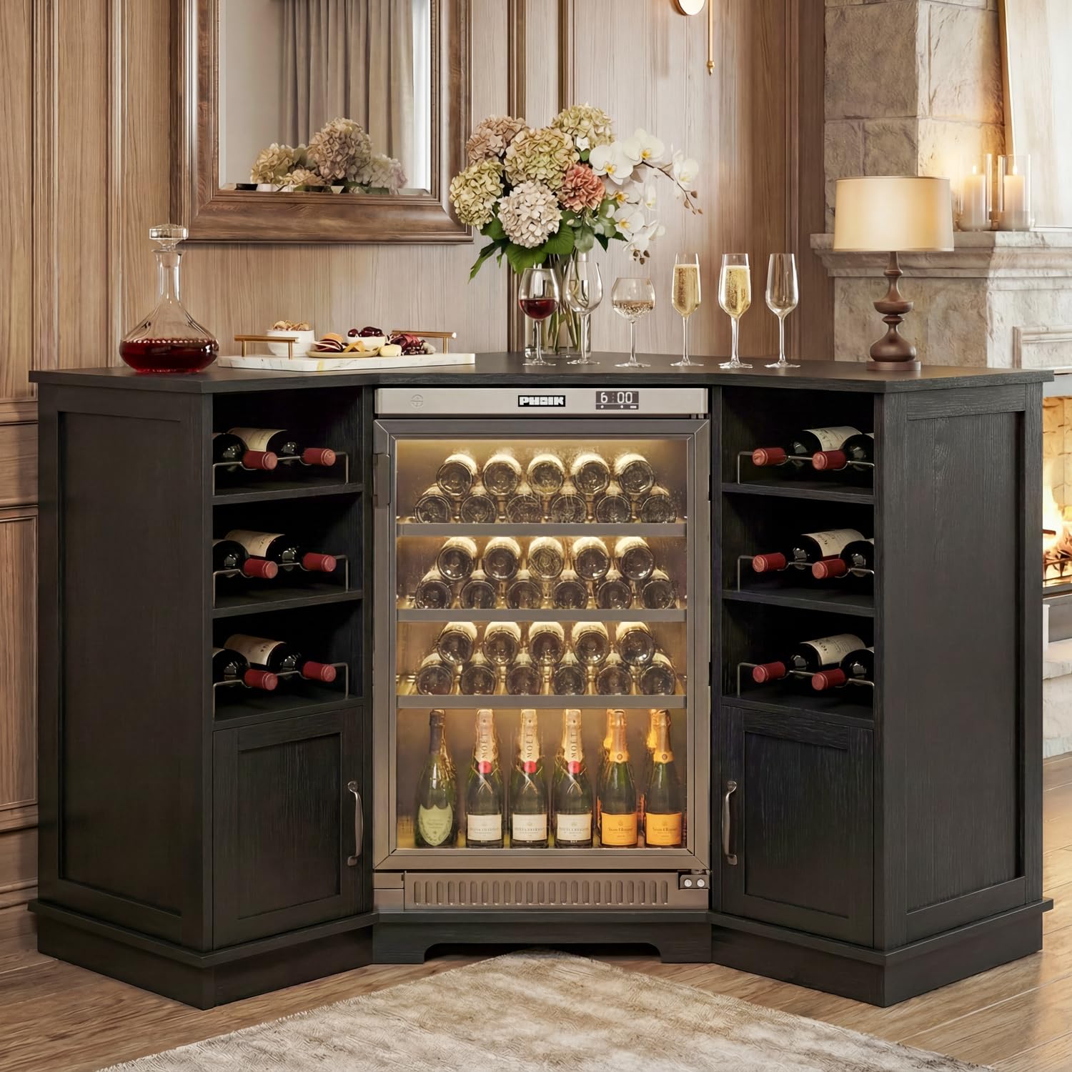 HSH Corner Bar Cabinet with Mini Fridge Space, Modern Wood Bar Cabinet with Wine Racks & Storage Doors, Large Liquor & Wine Cabinet for Kitchen Living Room Home Bar, Black Oak, 40 Inch