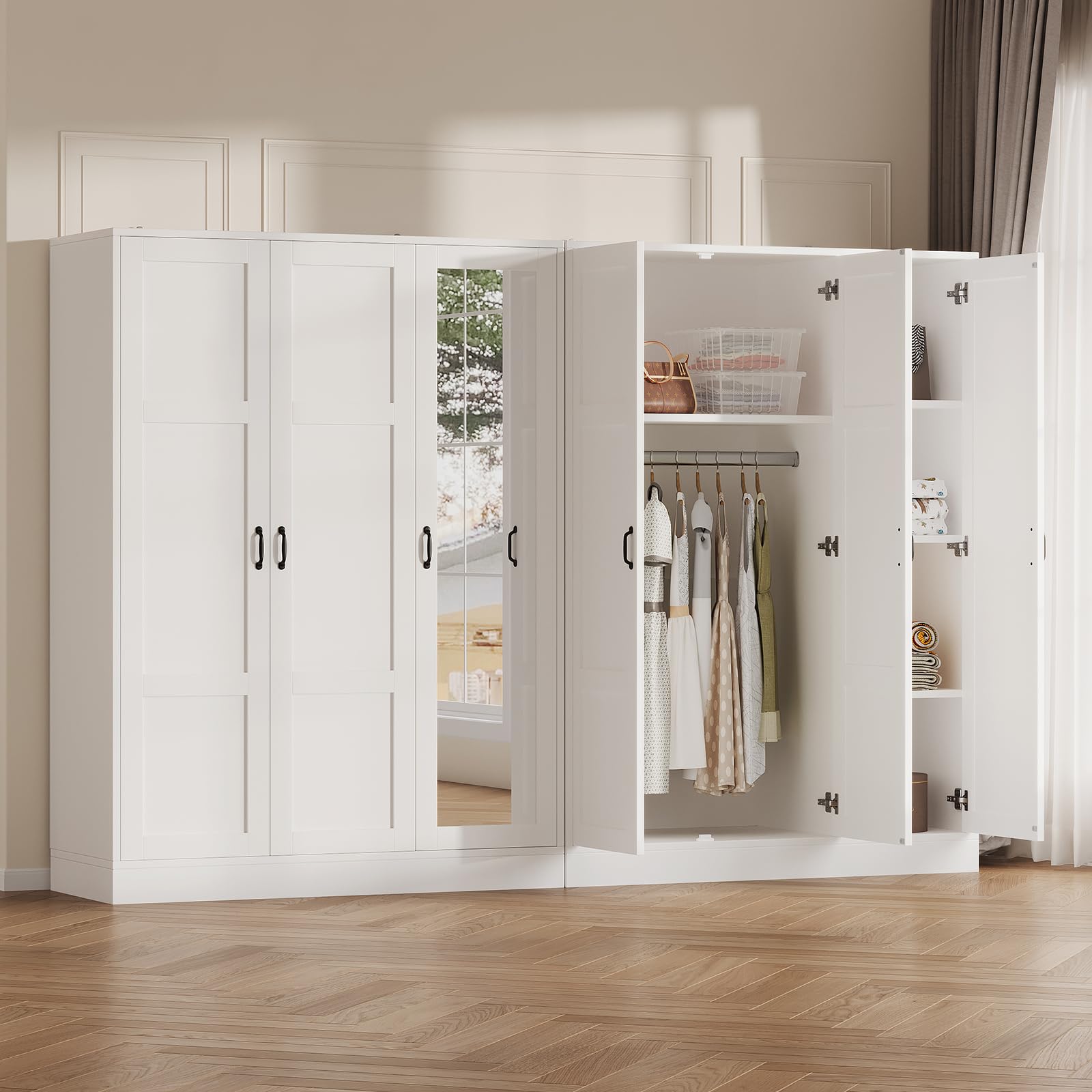 Yanosaku 3-Door Armoire Wardrobe Closet with Full Length Acrylic Mirror, Armoire with Adjustable Shelves & Hanging Rod, Freestanding Storage Cabinet for Bedroom, White