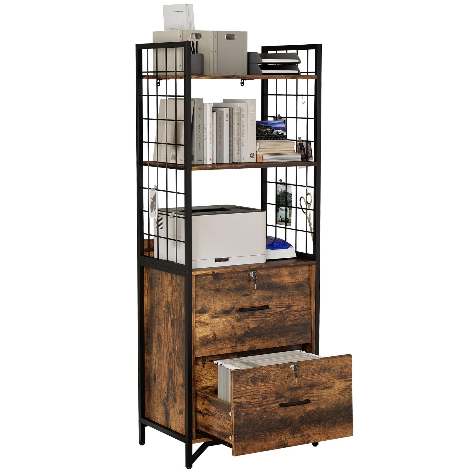 File Cabinet with Locking Drawers, Printer Stand & Open Shelves