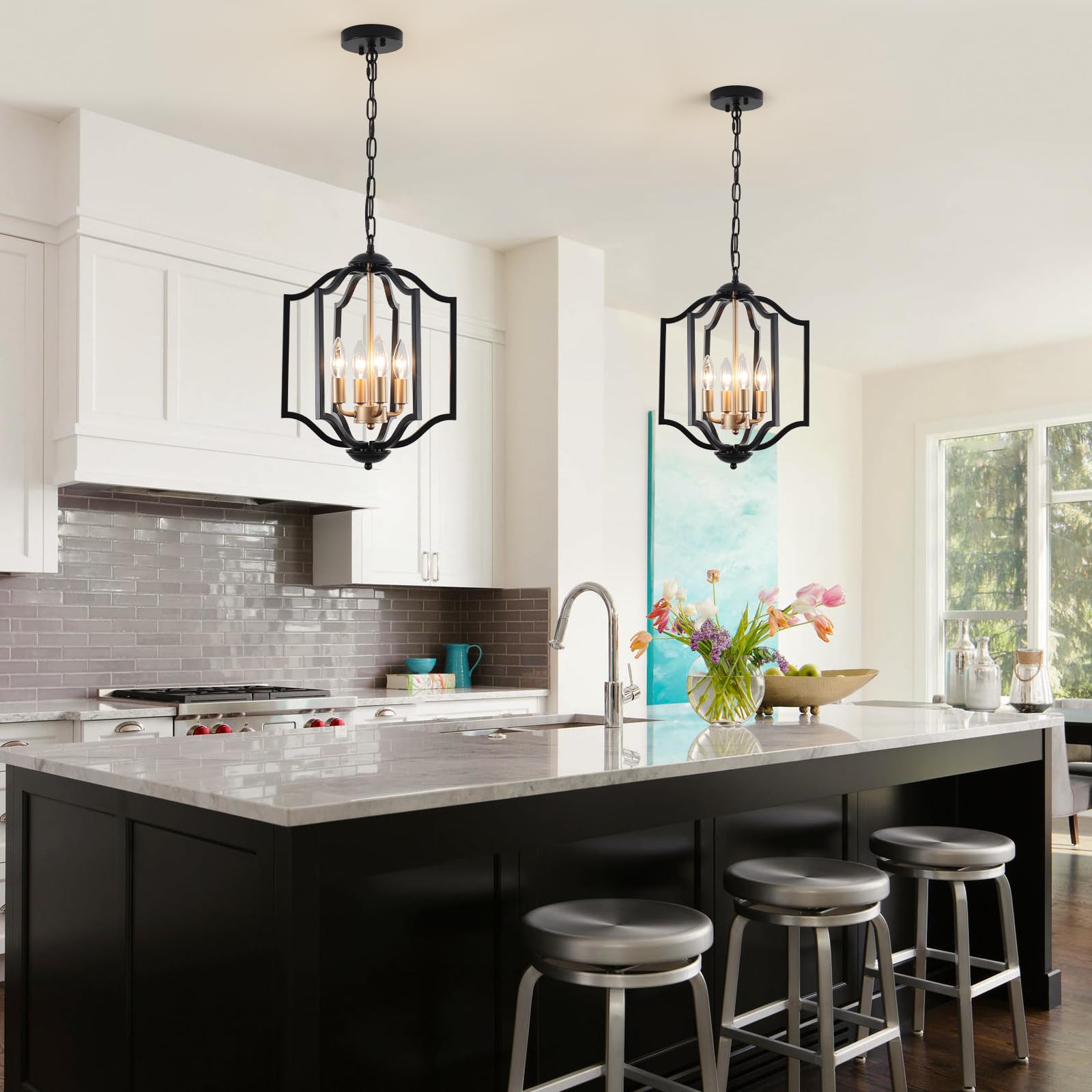 MIAYBPH Black and Gold Chandelier Light Fixture, 4-Light Farmhouse Chandelier Dining Room Light Fixtures Rustic Hanging Small Entryway Pendant Light for Kitchen Island Foyer Living Room