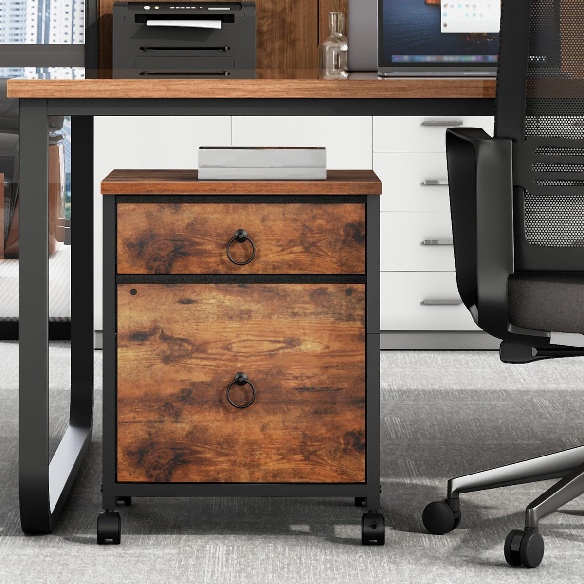 HOOBRO File Cabinet, 2-Drawer Vertical Mobile Office Cabinet, Rolling Printer Stand, for A4/Letter Size Files, Nonwovens Drawer, for Home Office, Rustic Brown BF21WJ01G1