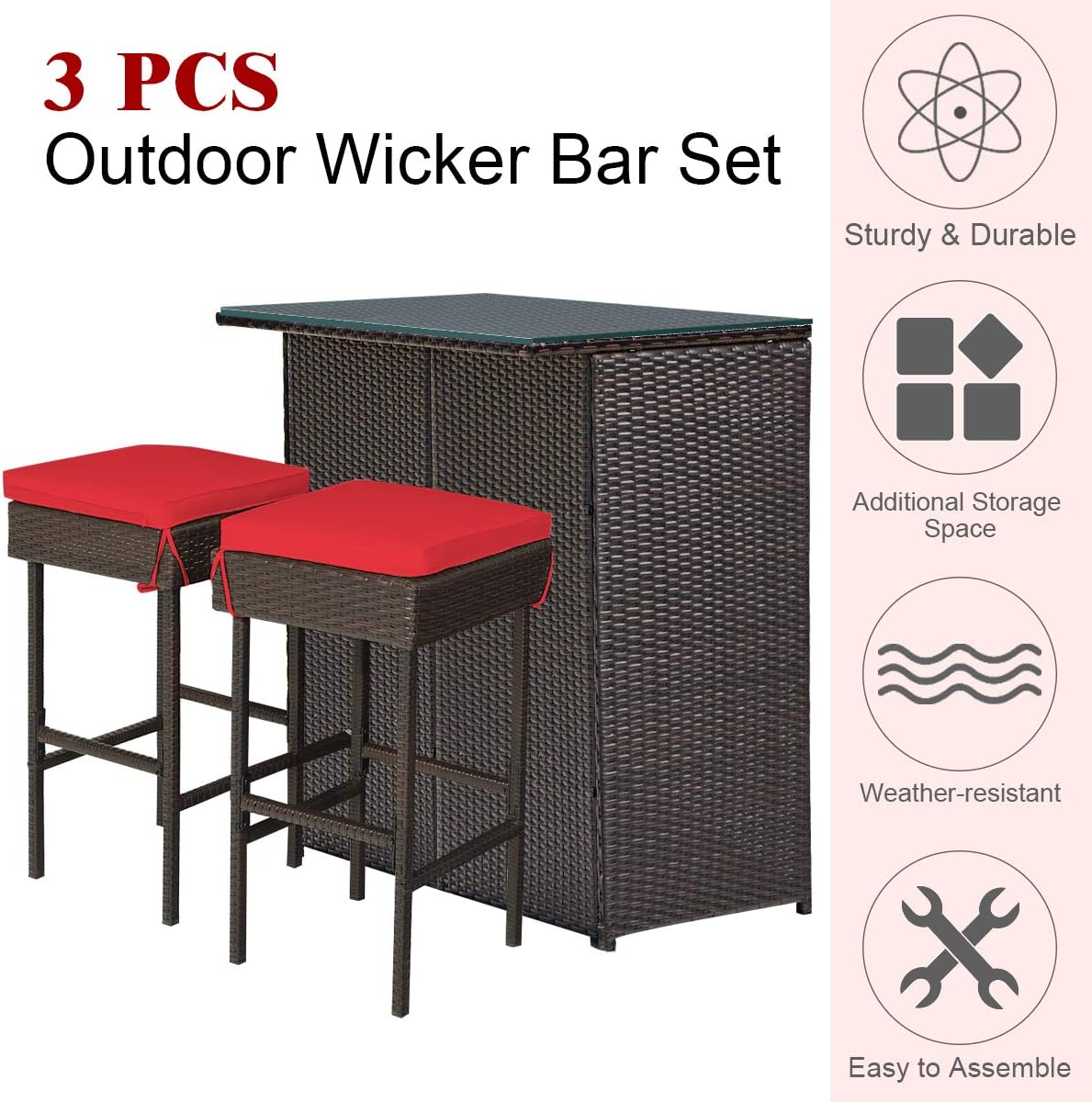 DORTALA 3 Pieces Rattan Patio Bar Table & Stool Set, Patio Furniture Set with Cushion for Lawn Pool Backyard Front Porch, Red