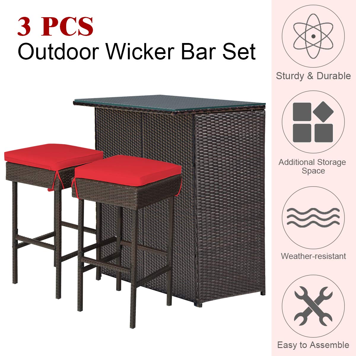 DORTALA 3 Pieces Rattan Patio Bar Table & Stool Set, Patio Furniture Set with Cushion for Lawn Pool Backyard Front Porch, Red