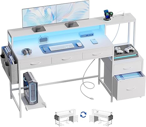 61" Gaming & Computer Desk with LED Lights, Charging Station & Monitor Stand