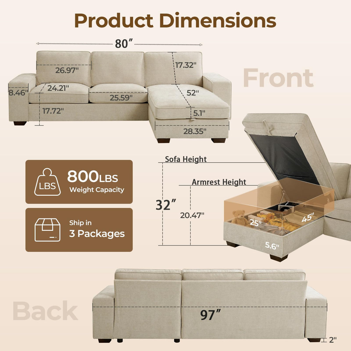 Chenille Storage Sectional Sofa