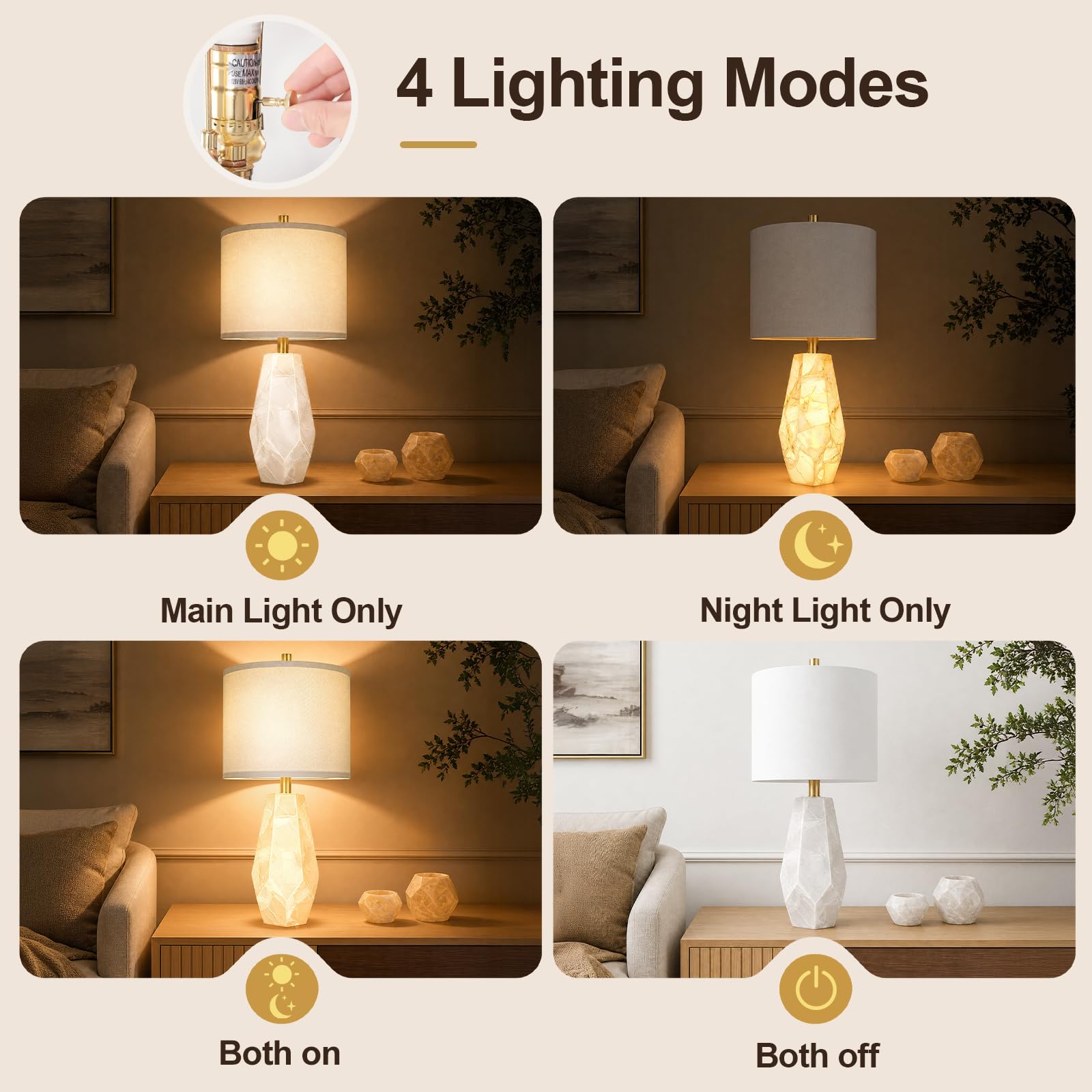 Scenekoy 23" Alabaster Living Room Table Lamp Set of 2 with Night Light, Rotary Switch, Modern Table Lamps with Linen Shade for Bedroom, Living Room, Bedside, Nightstand (Bulb Included)