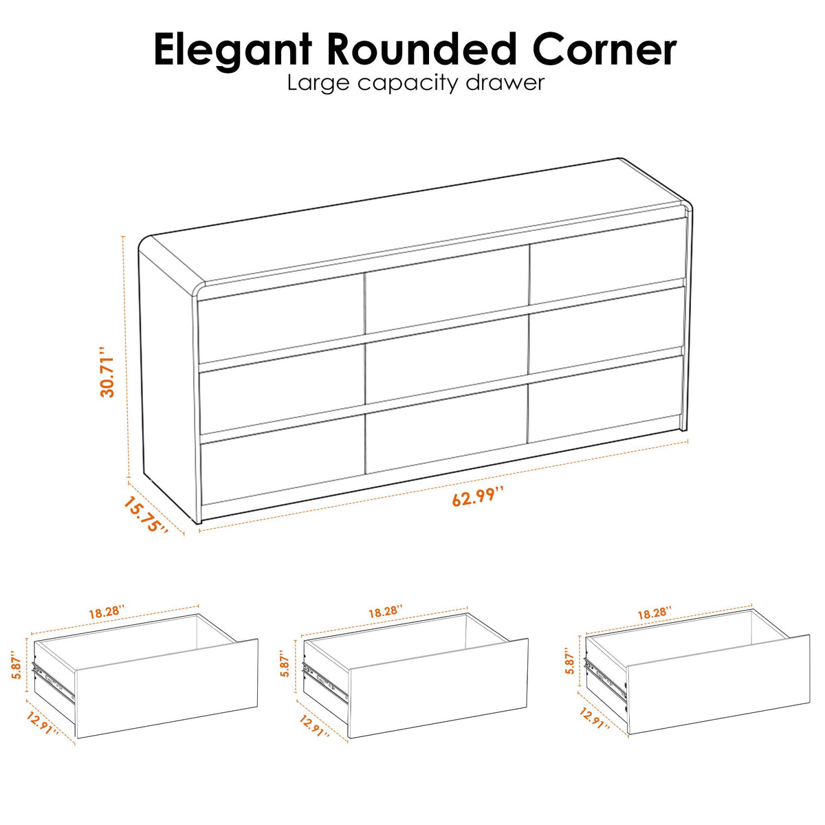 Oransail 9 Drawer Dresser, 63" Wide Walnut Dresser with Soft-Close Drawers