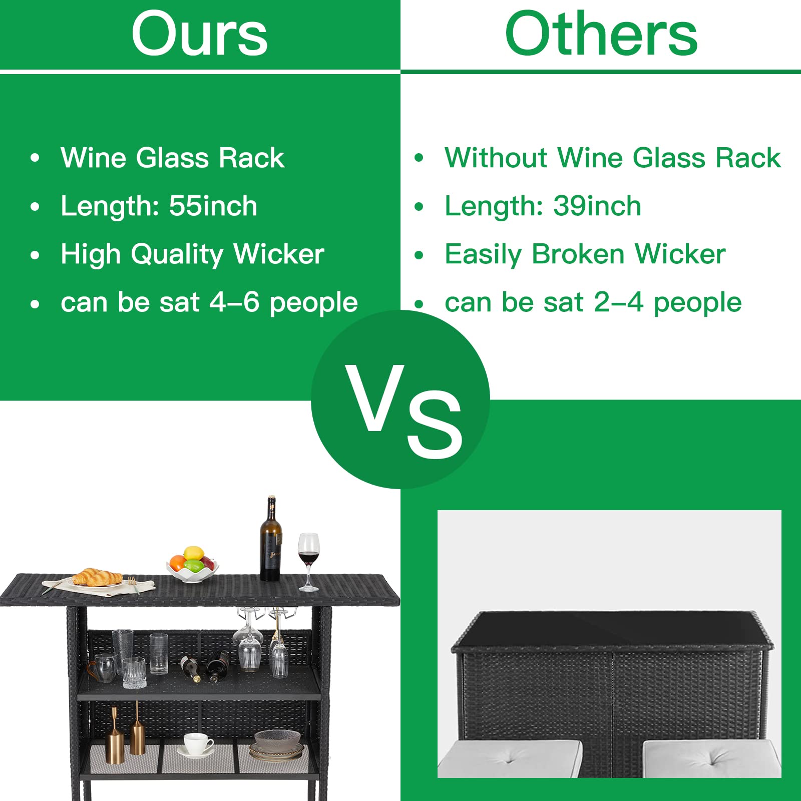 ECOTOUGE Black Wicker Bar Table, Outdoor Patio Console Table Serving Table, Mini Outdoor Bar Patio Counter with Steel Shelves & Hanging Wine Glasses, Ideal for Garden, Backyard