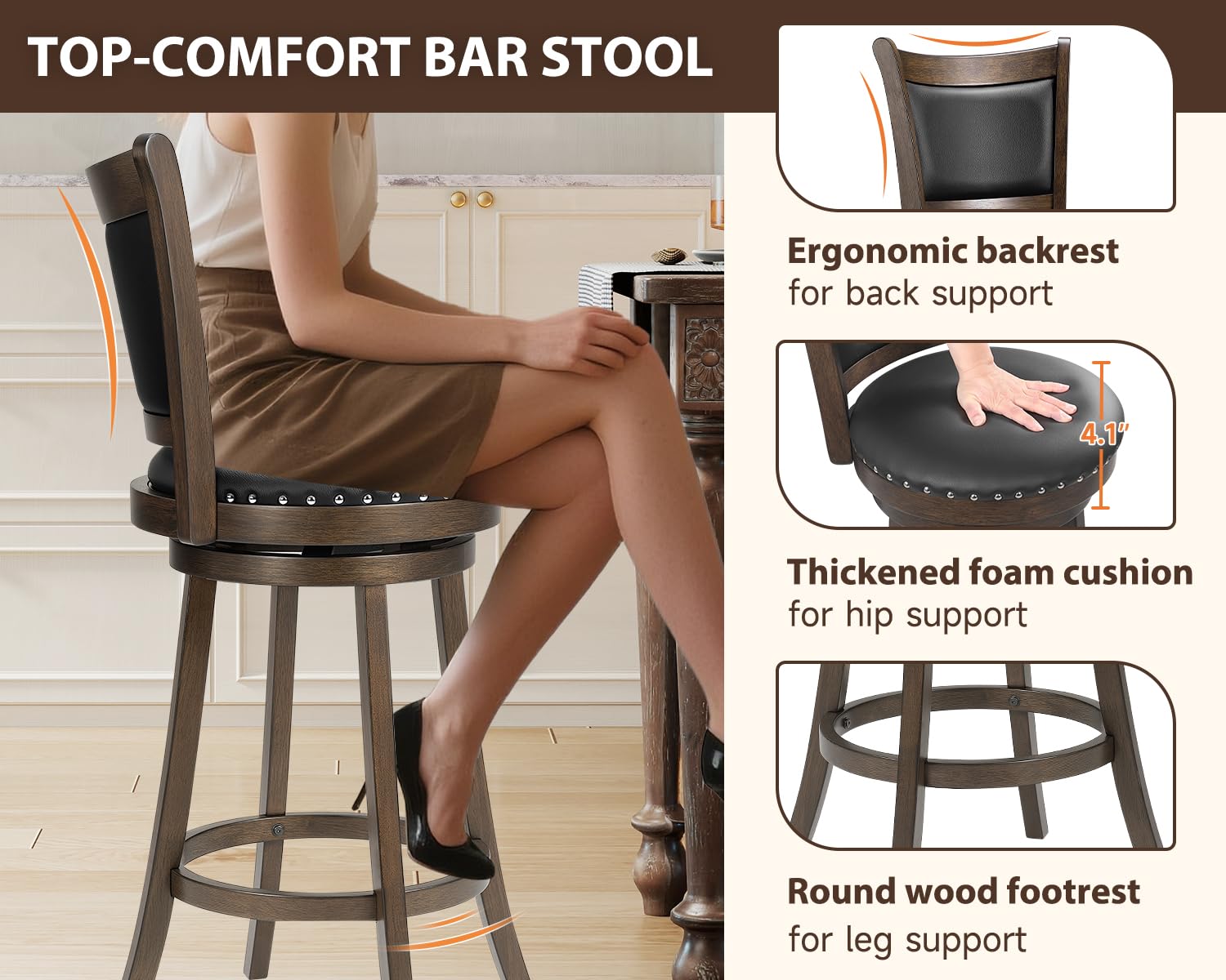 Swivel Bar Stools Set of 4 with Back & Footrest