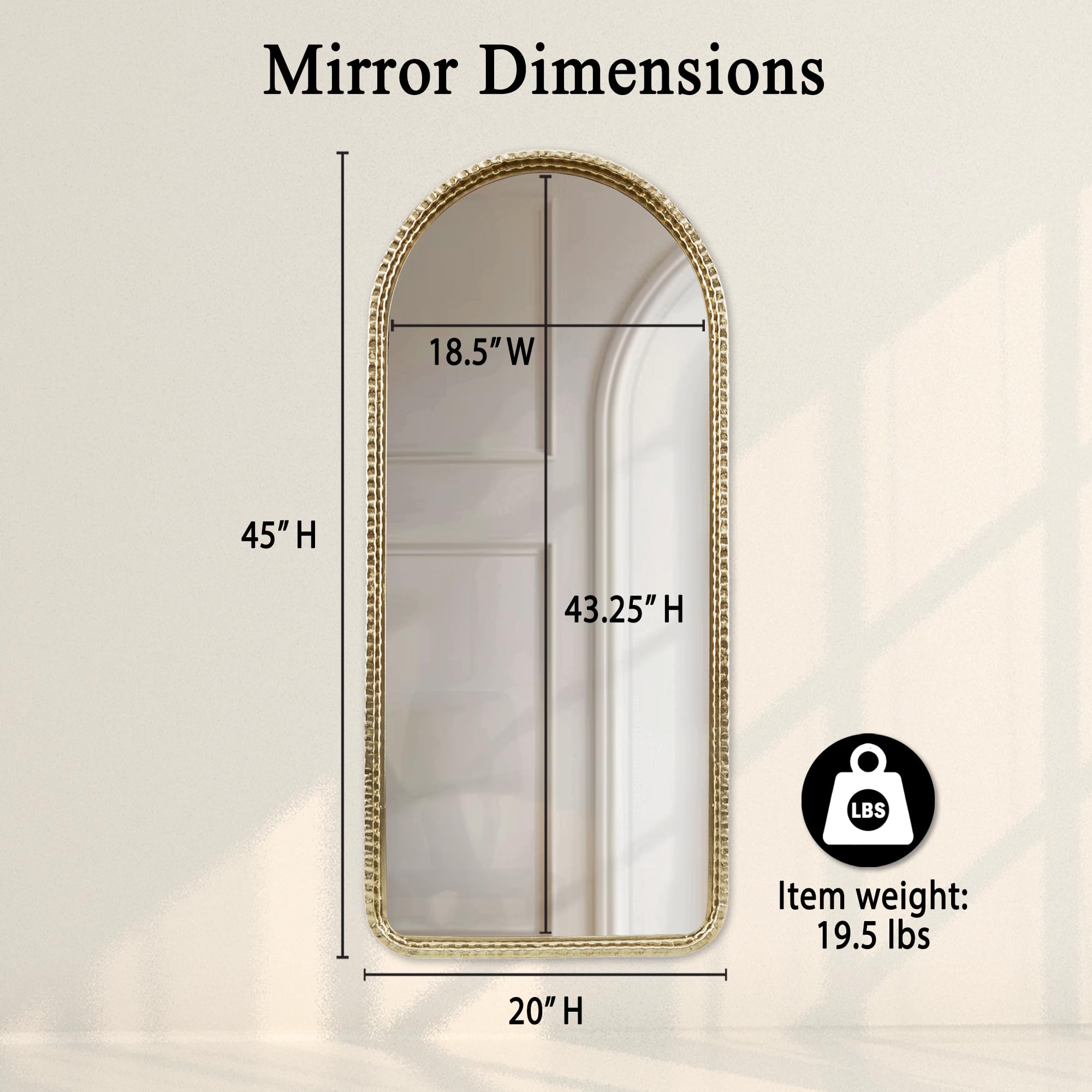 Arched Wall Mirror with Gold Metal Frame, 45"H