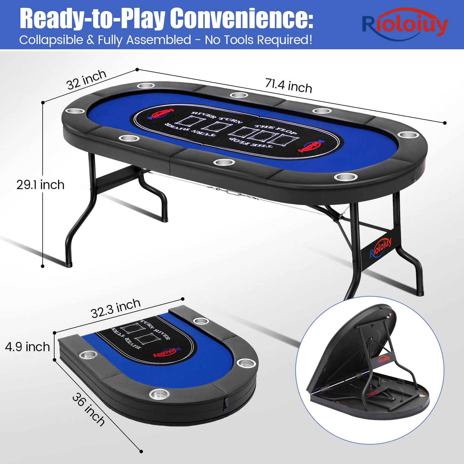 8-Player Folding Poker Table with Cup Holders & Padded Rails