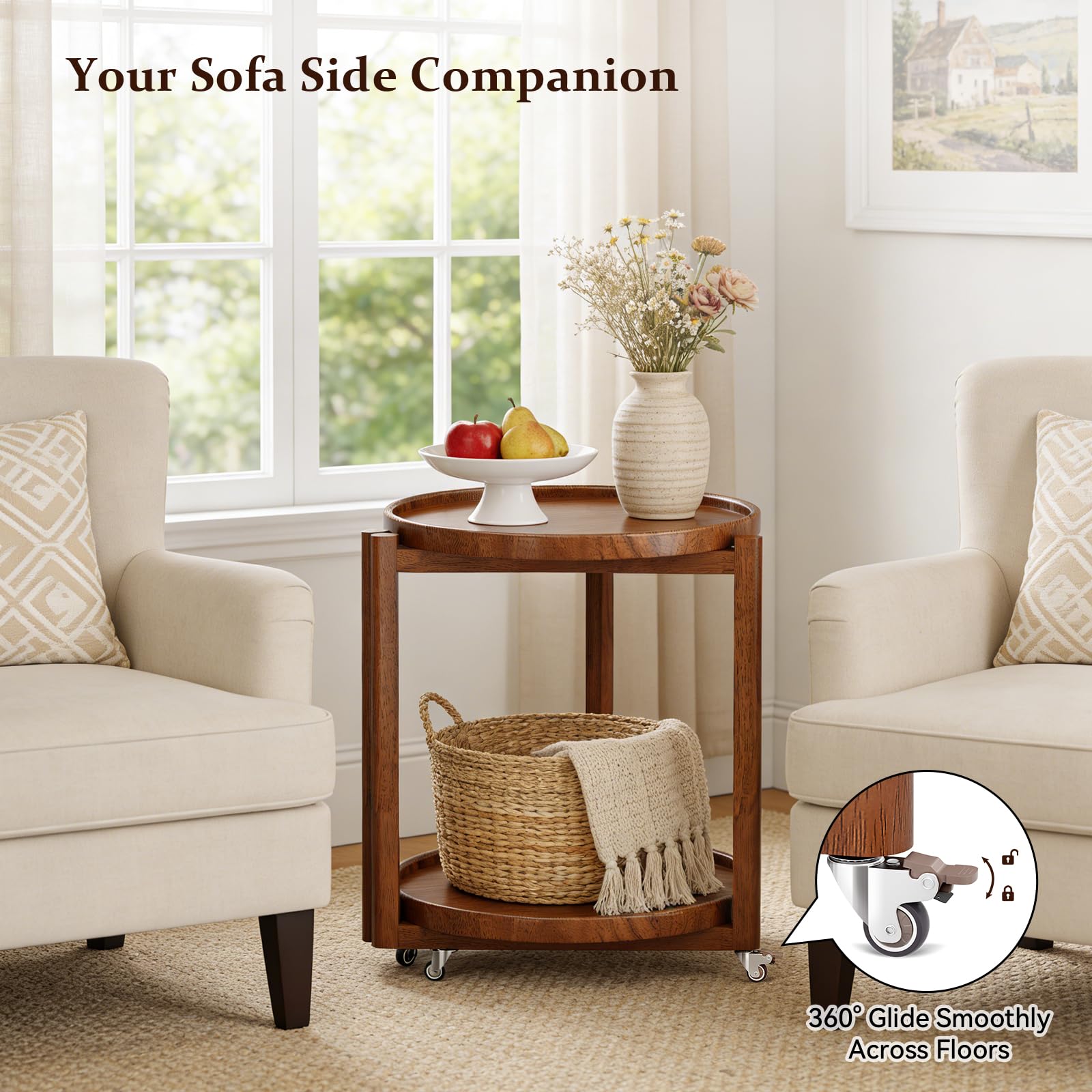 Round Rolling Side Table with Storage Shelf