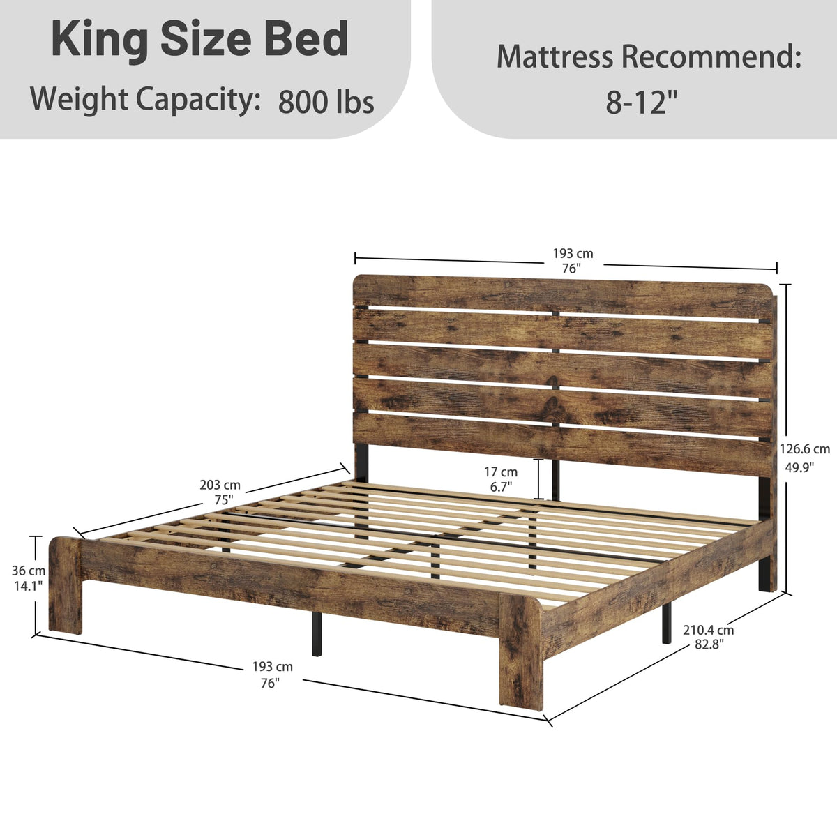 madeslves King Size Wooden Bed Frame with Headboard, Wood Slat Support