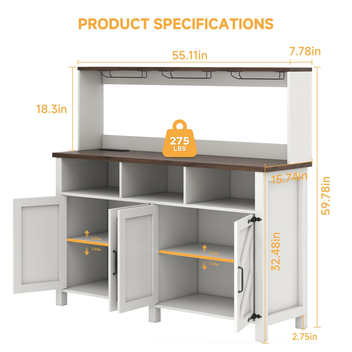 knoworld Buffet Sideboard with Storage Hutch with Power Outlet 4 Doors, Large Farmhouse Kitchen Storage Cabinet Wood Coffee Bar Cabinet with Cup Holder & Hooks for Kitchen, Dining Room,55"W White Rack