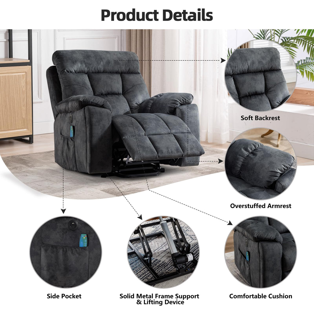 CANMOV Power Lift Recliner Chair with Massage & Heat for Big & Tall, Grey