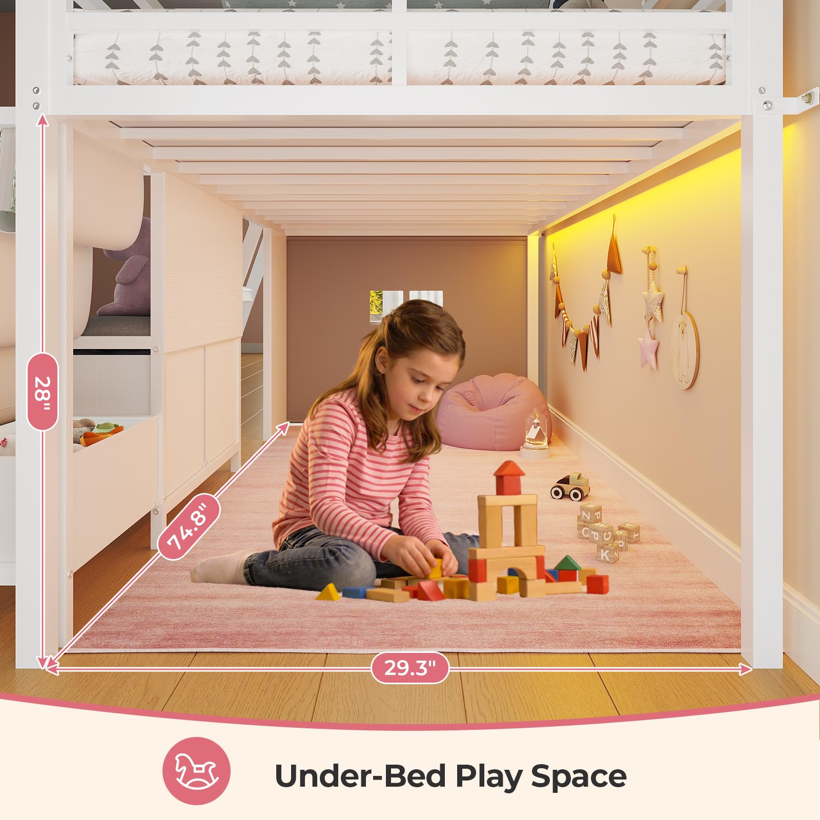 ADORNEVE Low Loft Bed Twin Size with Bookshelf, Reading Nook, LED Kids Loft Bed with 3 Drawers, Under-Bed Play Space, House Loft Beds with Safety Guardrail, Inclined Ladde & Play Curtain, White