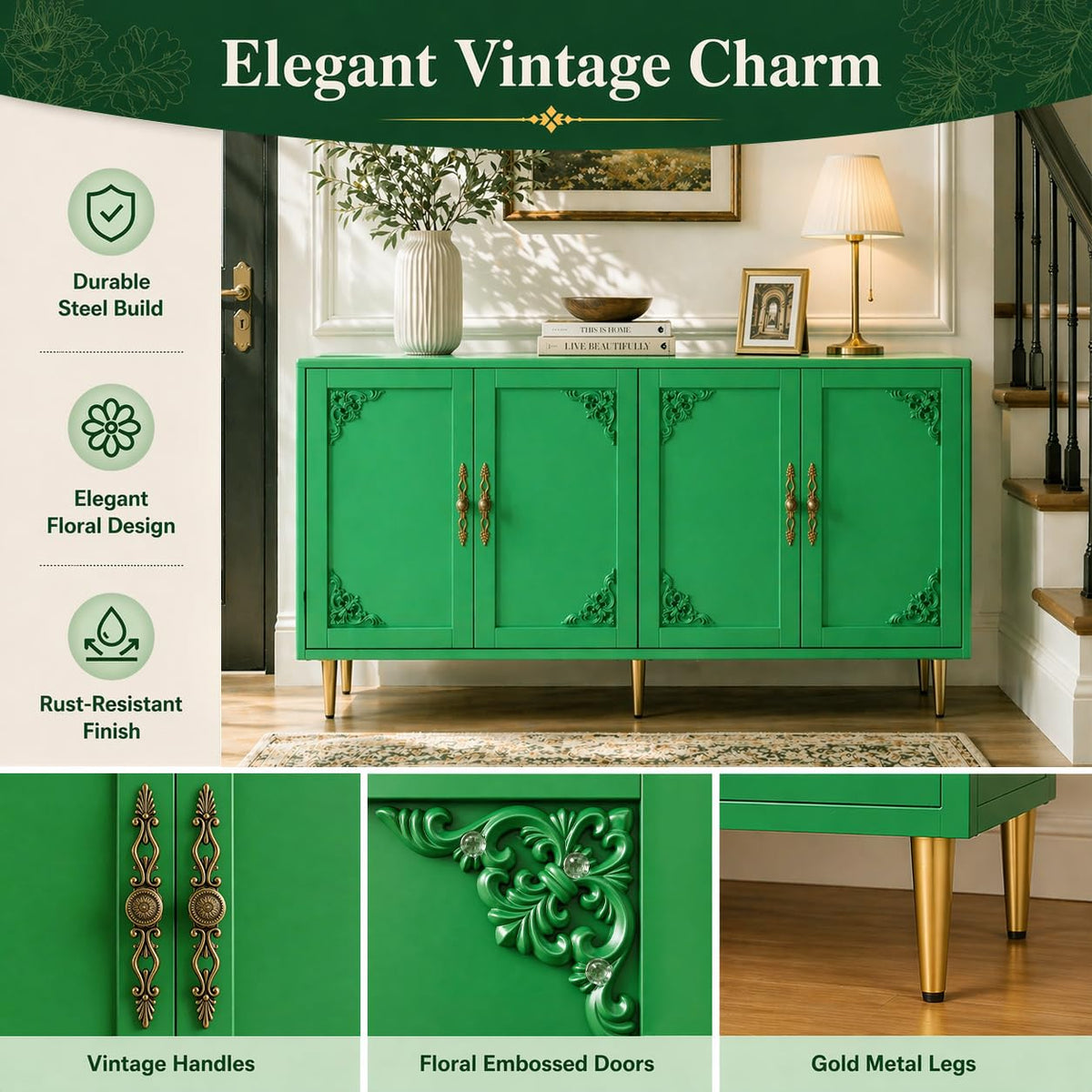 AUN Green Metal Cabinet, Sideboard Buffet Cabinet, TV Stand Cabinet