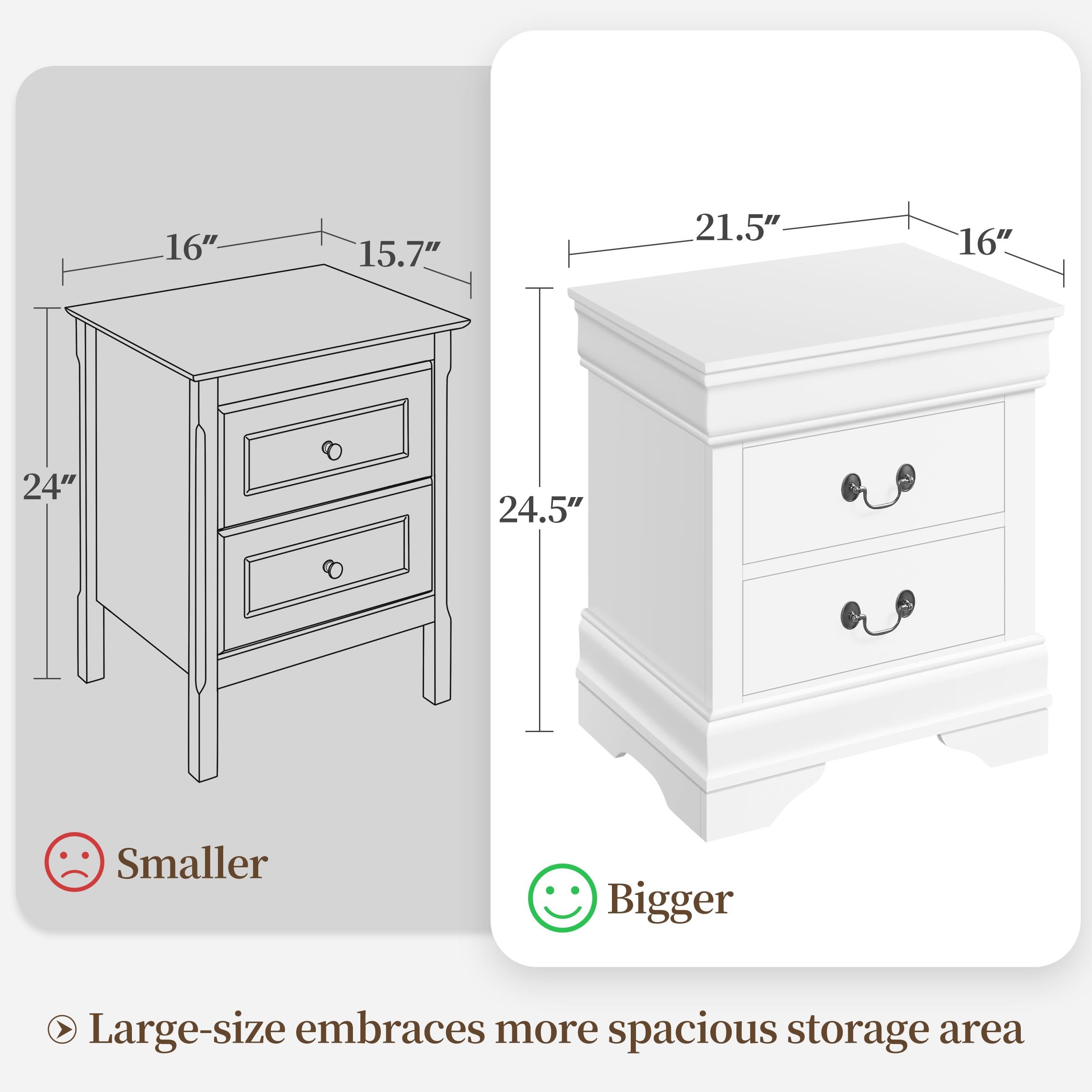 Yaheetech Fully-Assembled Nightstands Set of 2, 2-Drawer Nightstands Large Classic Bedside Tables with Storage, Wooden Painted Storage Cabinet, 21.5" L×16" W×24.5" H, White