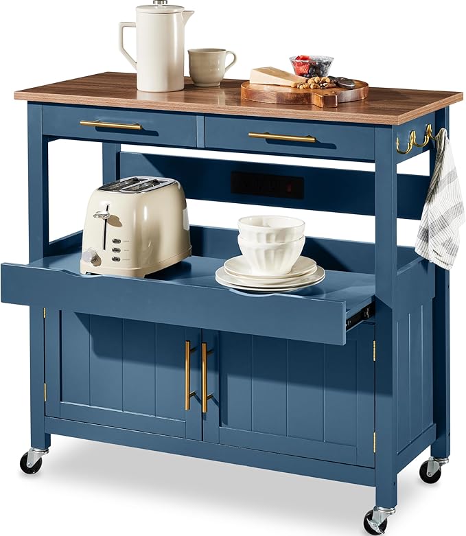 Rolling Kitchen Island Cart with Power Outlets