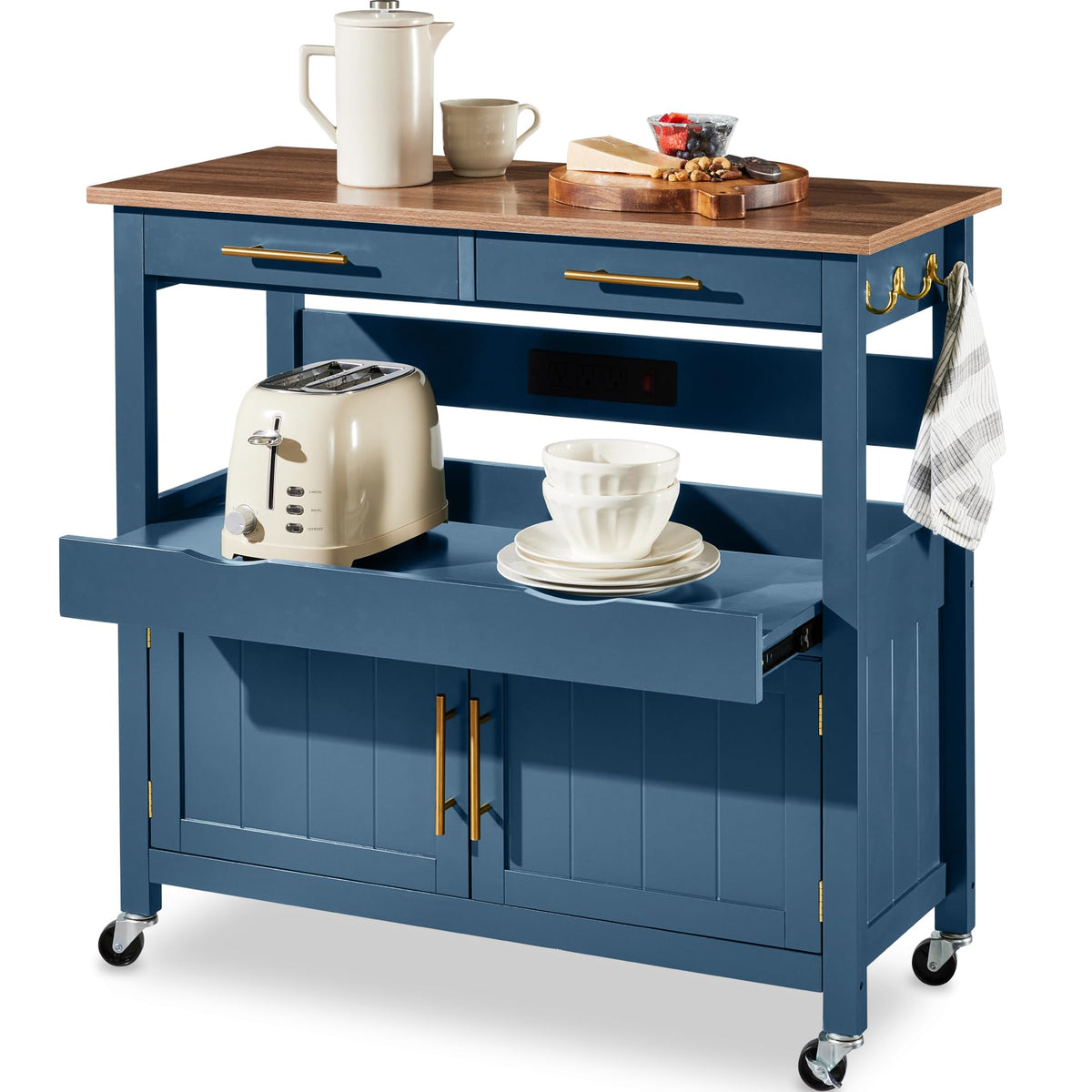 Best Choice Products 36in Large Rolling Kitchen Island Cart, 2-Door Cabinet, 2 Drawers, Pull-Out Shelf, Power Outlet, Hooks, & Swivel Lockable Wheels - Slate Blue