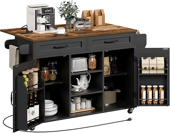 Kitchen Island Cart with Drop Leaf, Power Outlet & Storage