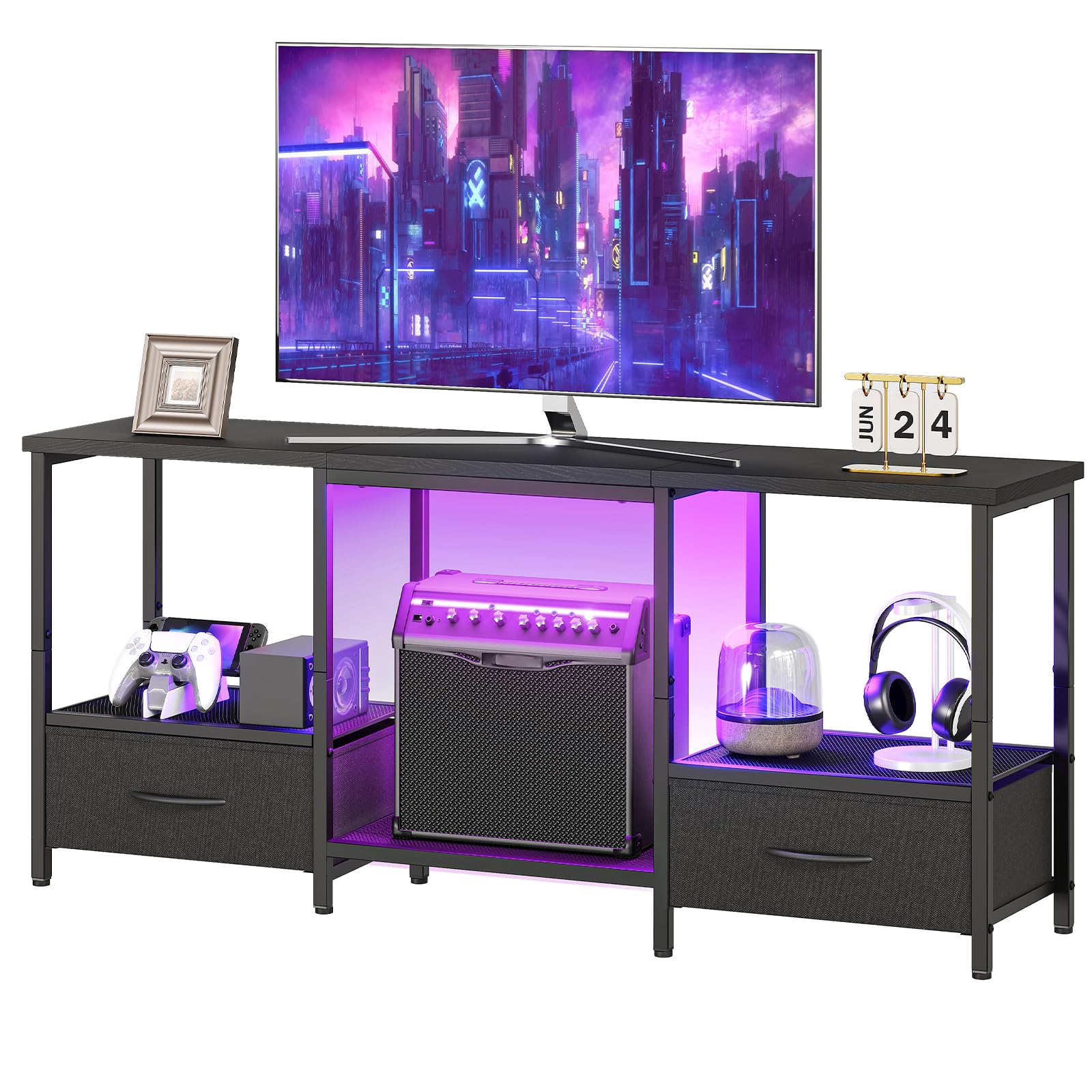 HOOBRO LED TV Stand with Storage, LED Entertainment Center with Open Shelves and Drawer, Fits TVs up to 55", Television Stand for Living Room, Bedroom, Black BB123DDS01G1