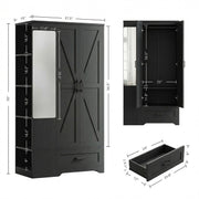 Barn Door Wardrobe Closet with Mirror, Shelves & Drawer